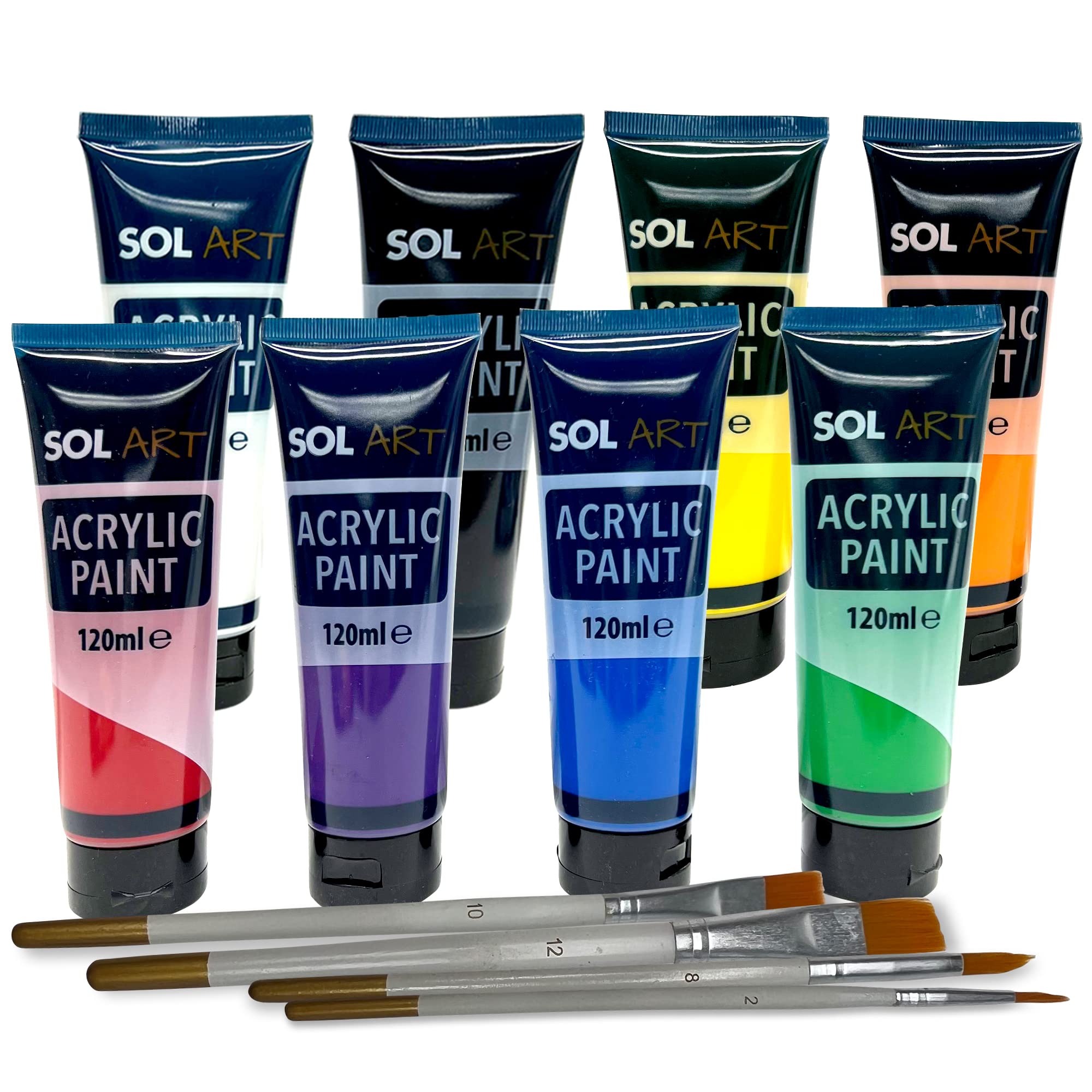 TEMU Sol 12pk Acrylic Paint Set - 8x 120ml Acrylic Paints Set + 4 Brushes - Acrylic Paints For Artists Art, Craft, Ceramic, Canvas Paint - Acrilic