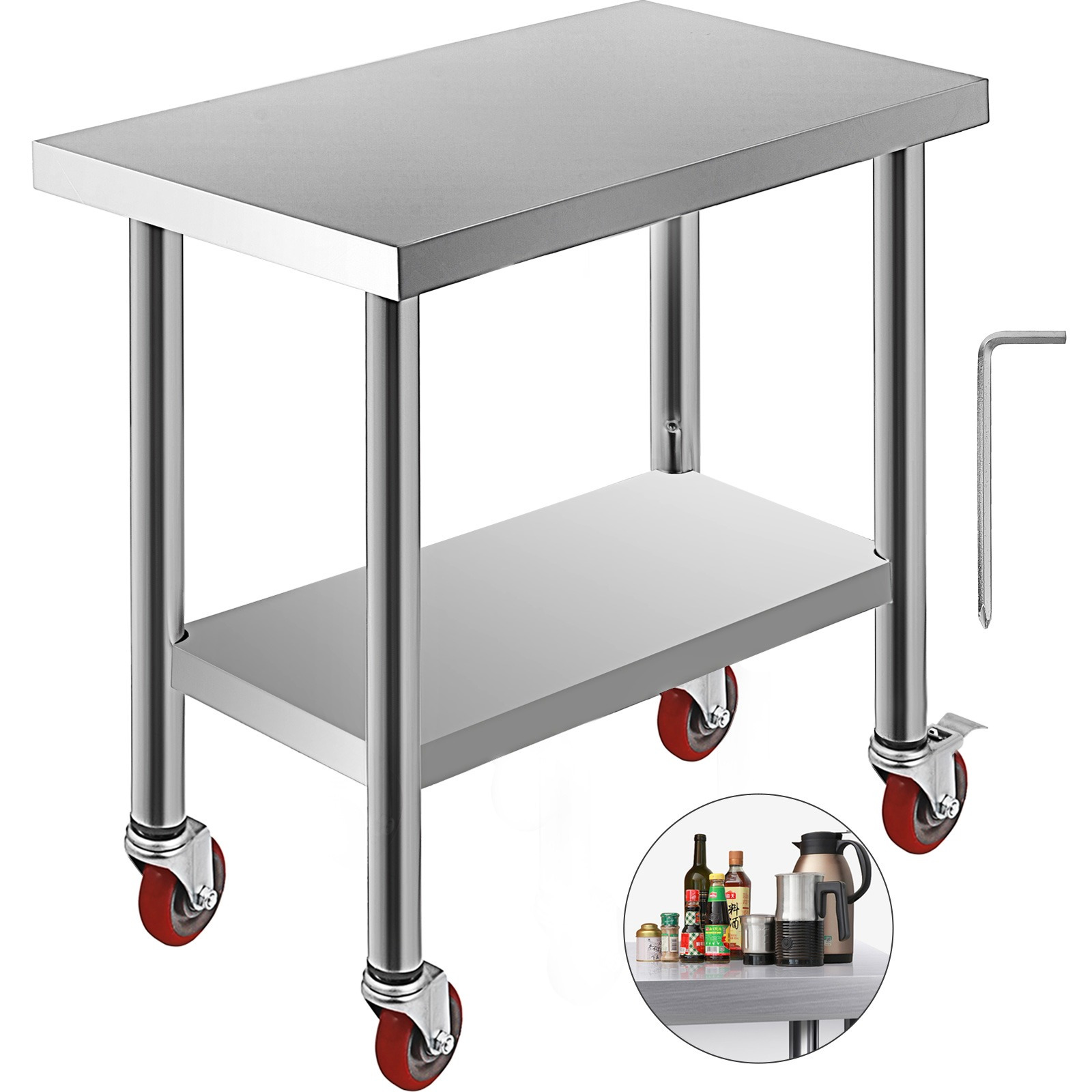 Vevor 30x18x34 Inch Stainless -stage Adjustable Shelf With 4 Wheels Heavy Duty Commercial Food Prep Worktable With Brake For Kitchen Prep Work