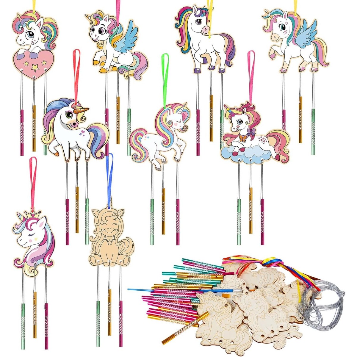 

9 Piece Unicorn Wind Chime Craft Kit Wooden Sound Chime Crafting For Painting Unicorn Creative Sets For Girls Boys Birthday Crafts