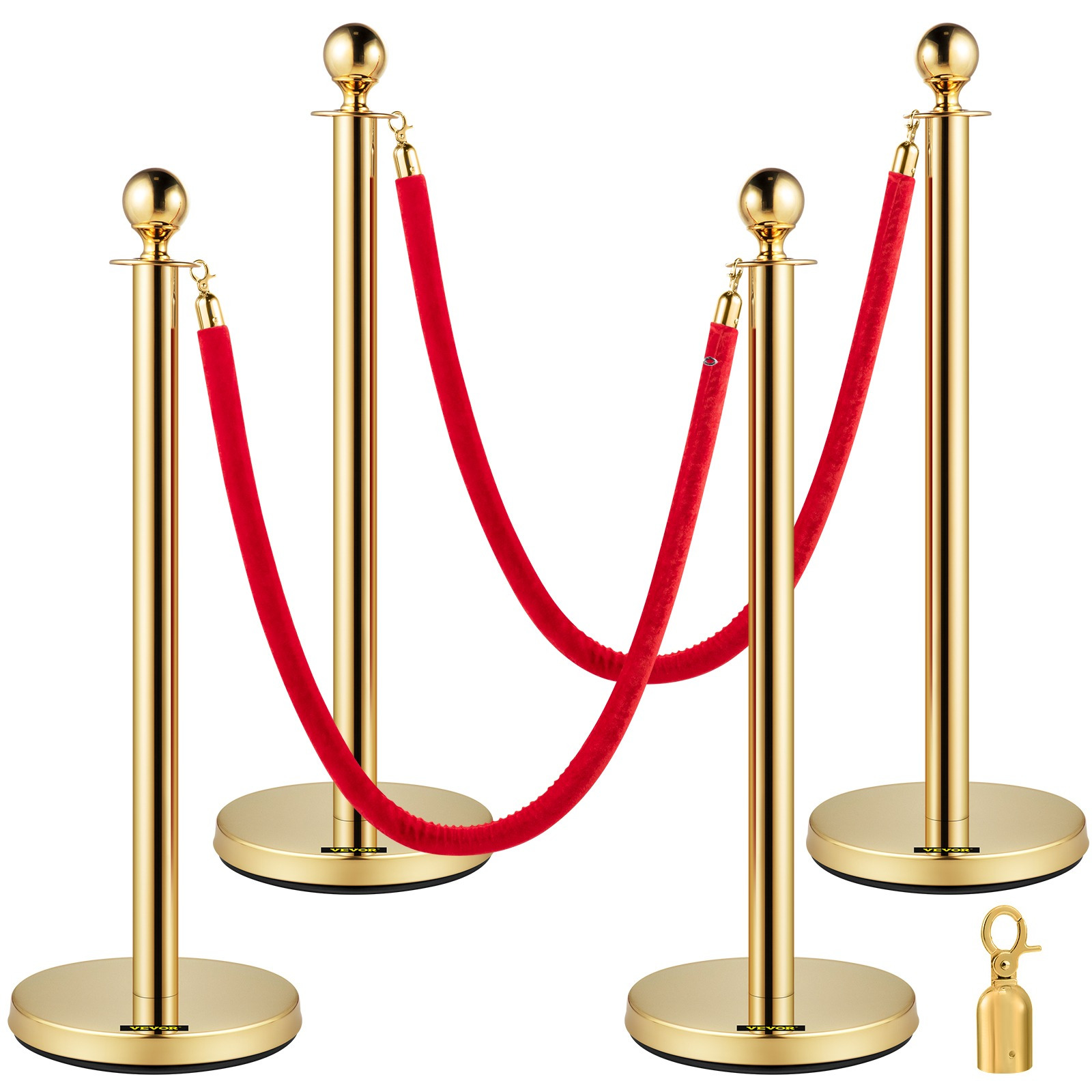 Vevor Set Of 2 Gold Round Top Queue Control Barrier Posts Stands Security Rope Divider With 1.5m Red Rope Barrier Gold Round Top Column