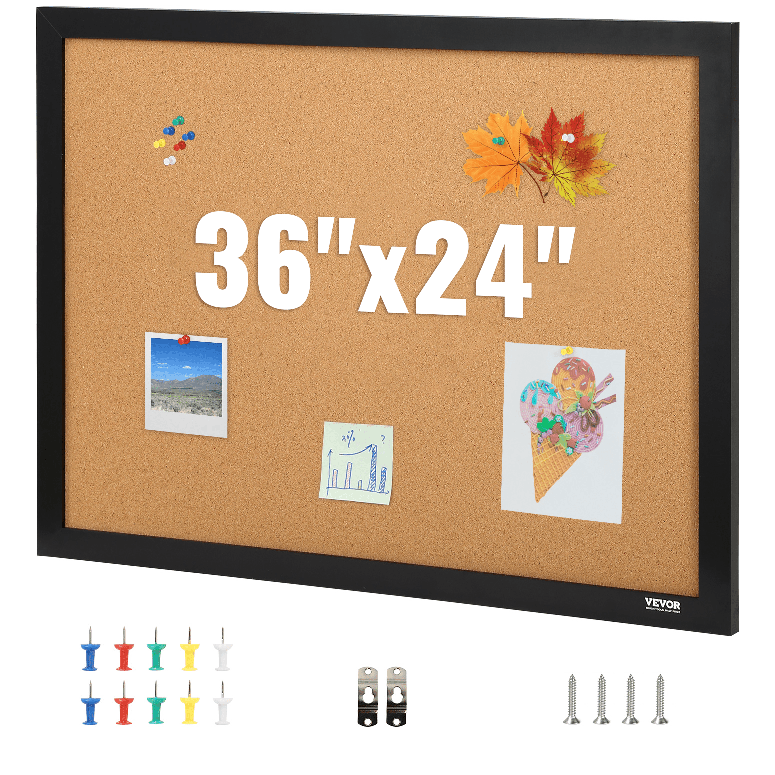 Image of Vevor Cork Board, 36x24 Inches Bulletin Board With Mdf Sticker Frame, Vision Board Includes 10 Pushpins, For Display And Decoration In Office Home And School