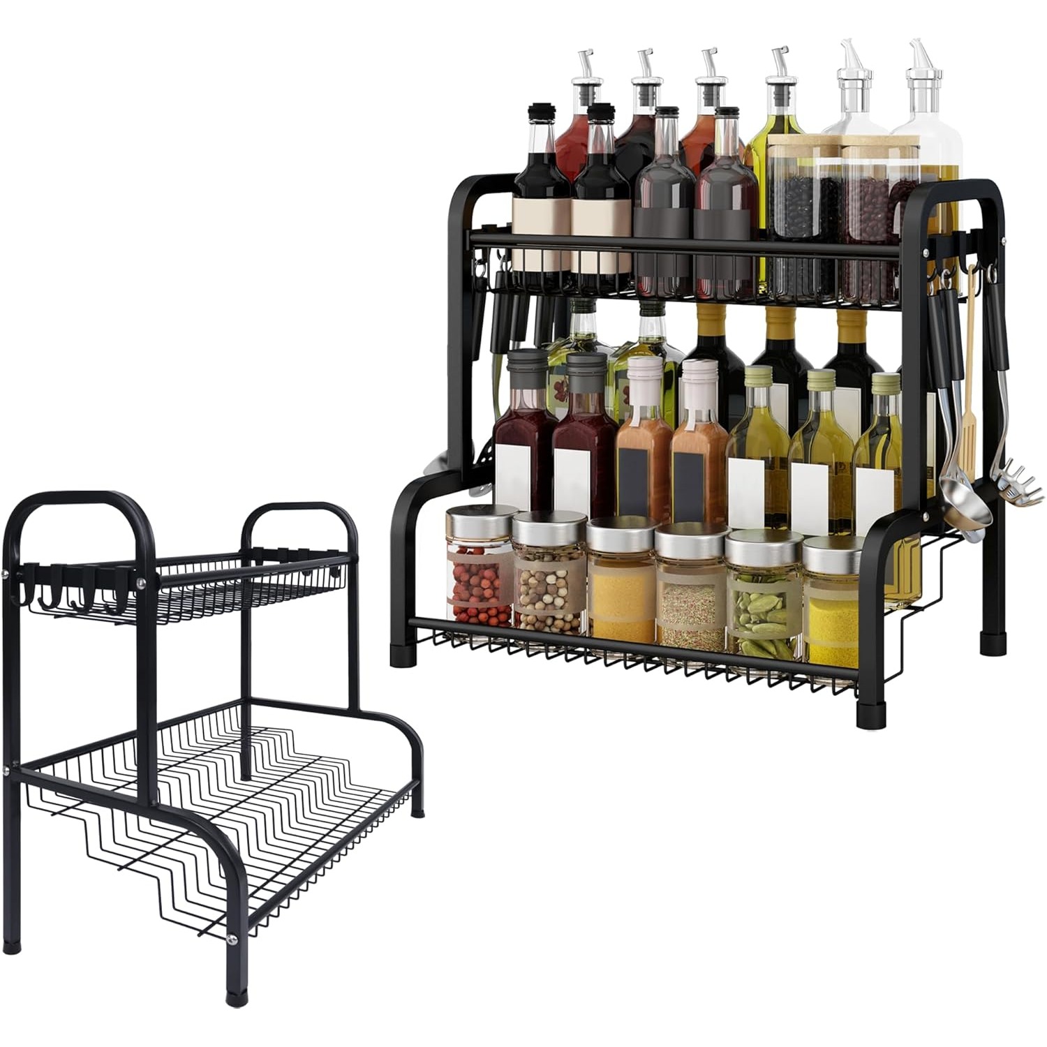 TEMU Spice Rack Standing Made Of Steel Kitchen Shelf Spice With 8 Hooks 2-tier Spices Spice Organizer 42.5x25.5x41cm Spice Rack Multifunctional Kitchen Organizer Spice Storage