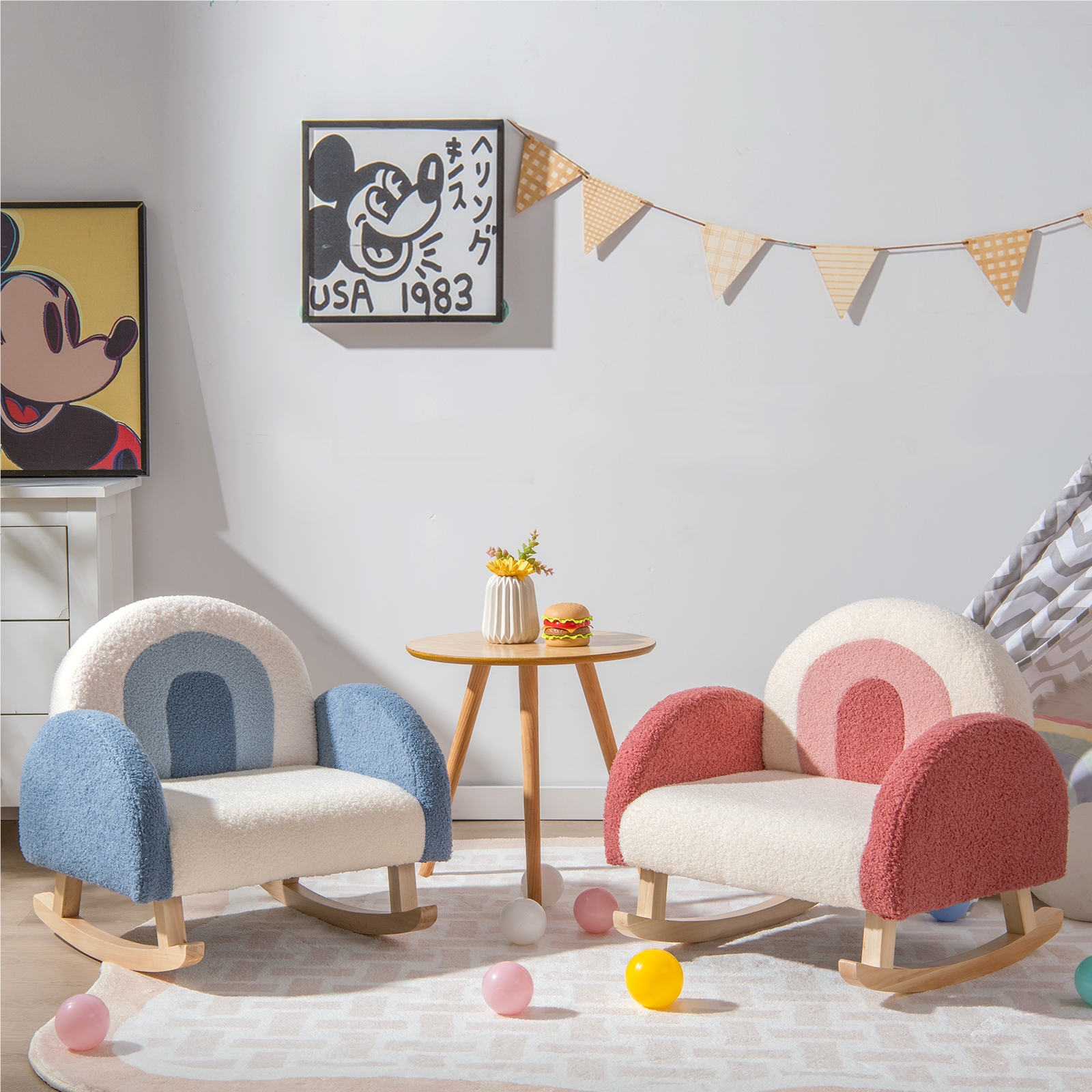 Children's Sofa Rocking Chair, Teddy Velvet Material With Solid Wood Legs, Anti-tip Design, Blue