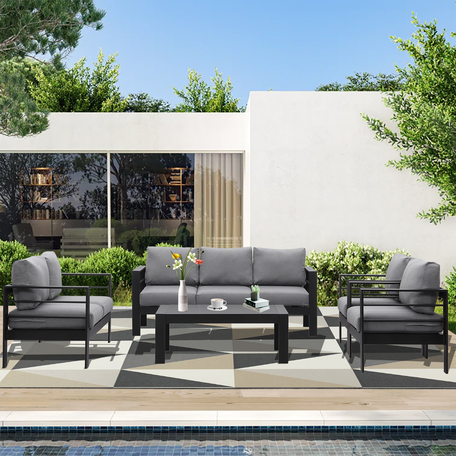 5-piece Garden Furniture Set, Aluminum Lounge Set For 6-7 People With Cushions And Coffee Table, Indoor Outdoor Balcony (weatherproof Seating Group Dining Set, Aluminum Frame)