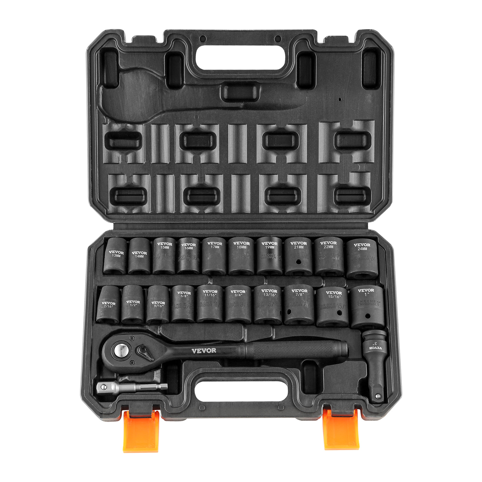 Image of Vevor 1/2" Drive Impact Socket Set, 23 Piece Socket Set Sae （7/16" -1"）& Metric （13-24mm）6 Point Alloy Steel For Auto Repair With Ratchet Handle Rugged Construction Storage Case