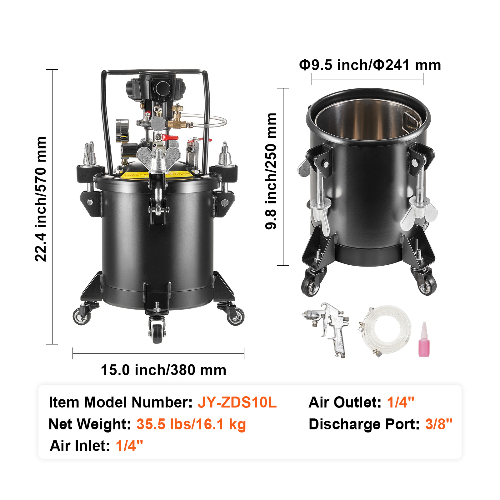 Image of Vevor Spray Paint Pressure Pot Tank 10 L/2.5 Gal Fully Automatic Stirring 70 Psi.please With Your Own Air Compressor.