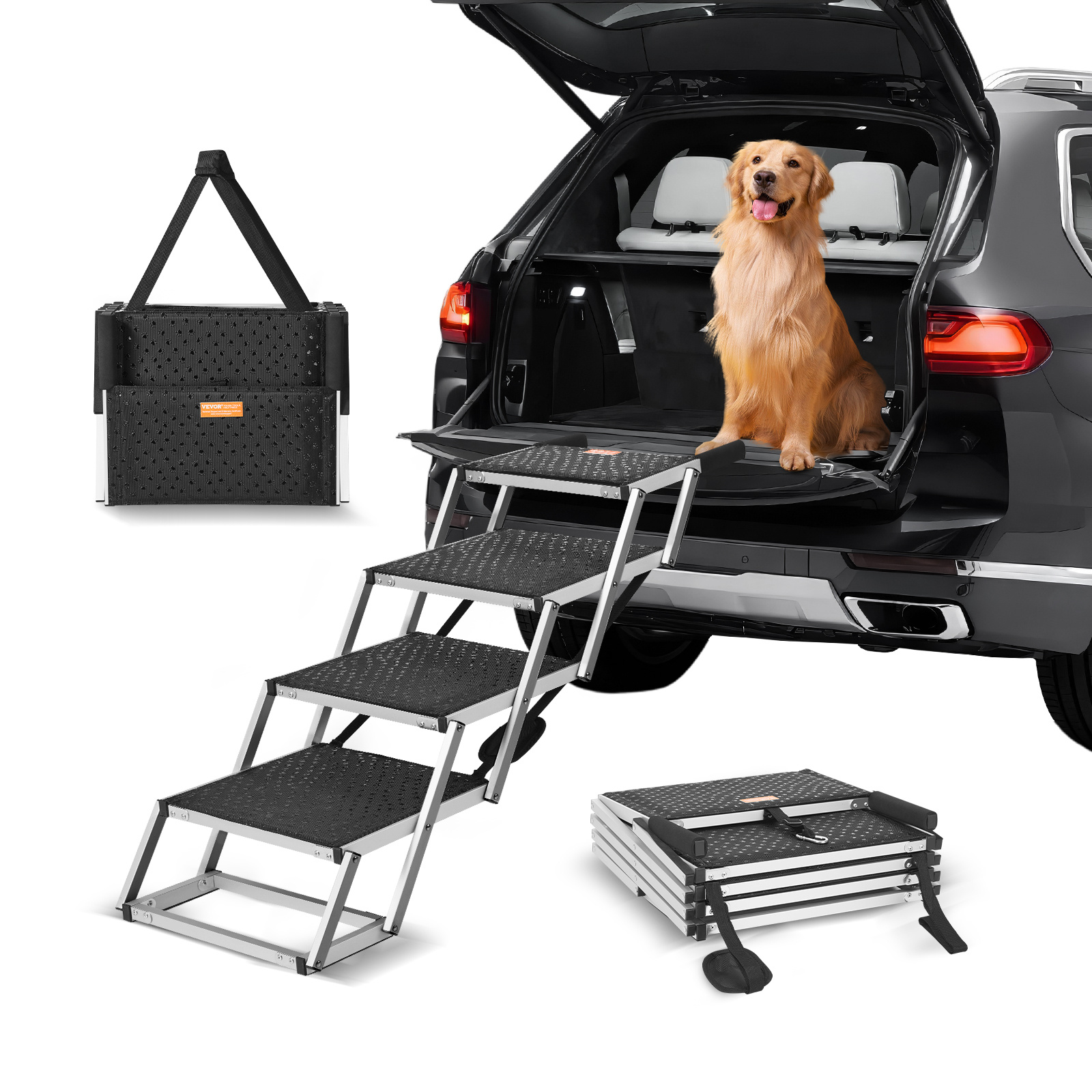 E-shop VEVOR Hundetreppen für Autos 4-Stufen Faltbare Hundetreppen aus Aluminium, Tragfähigkeit bis zu 150 lbs, Faltbar 24- in Verstellbare Höhe
