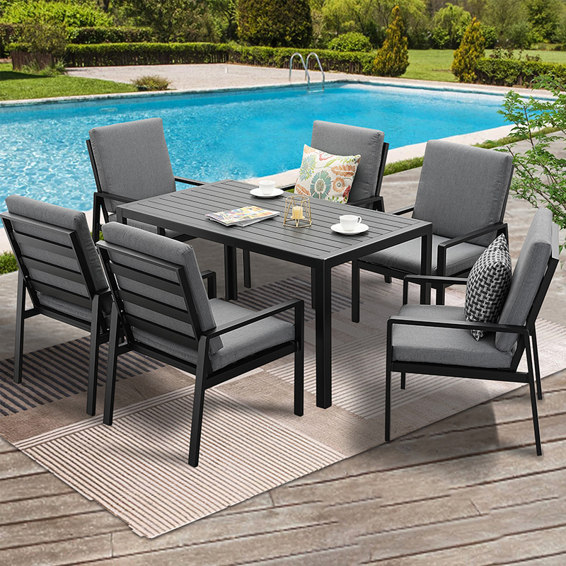 Image of 7-piece Garden Lounge Set Dining Group (aluminum Garden Furniture Set, 6 Armchairs, 1 Dining Table 140cm, 8 Cushions), Weather-resistant Garden Lounge Set Dining Set For 6 People