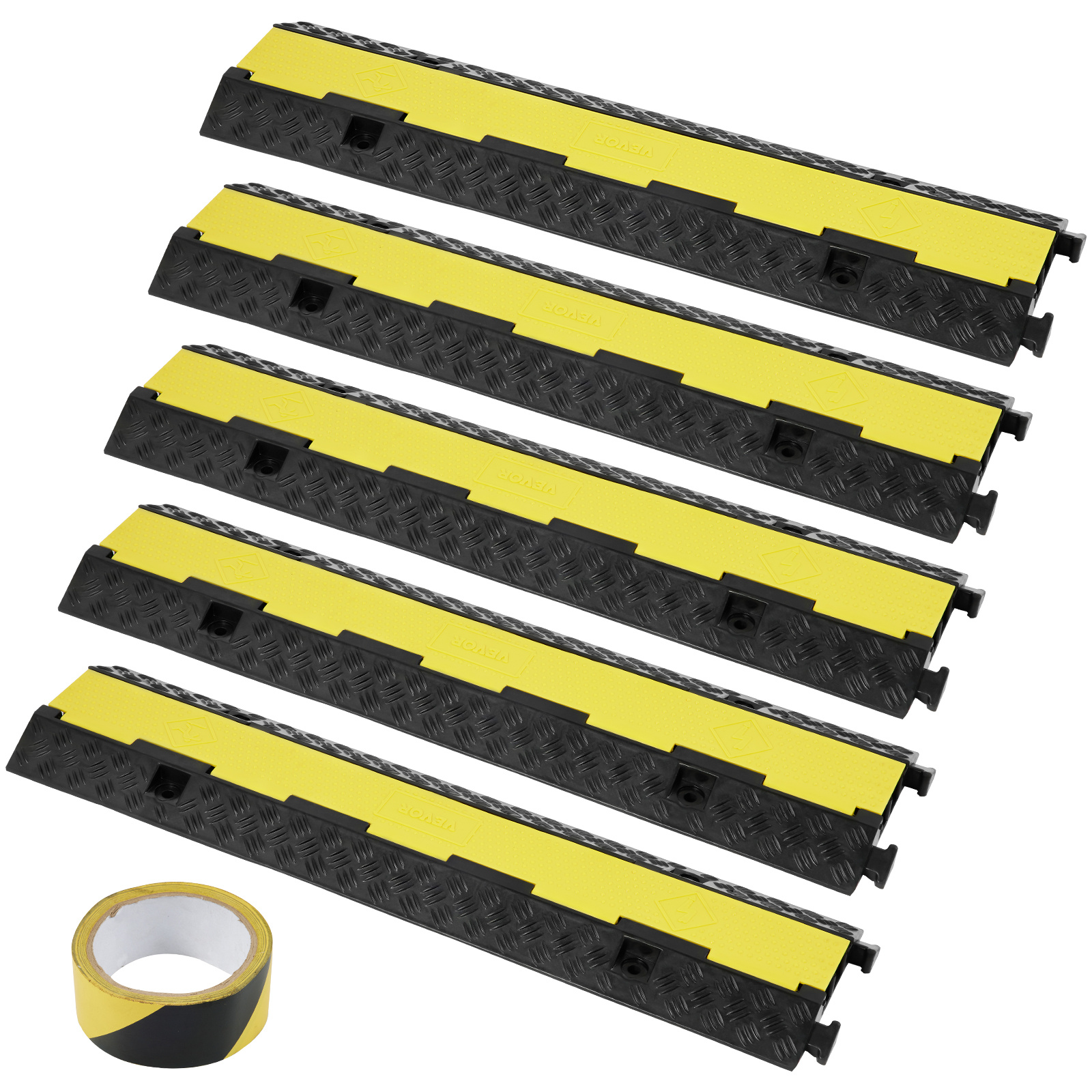 Image of Vevor 5 Pcs Rubber Cable Protector Ramp, 2 Channel, 12000 Lbs/axle Capacity Heavy Duty Hose Wire Cover Ramp Driveway, Traffic Speed Bump With Flip-open Top Cover & 50 Ft Warning Tape, For Indoor&
