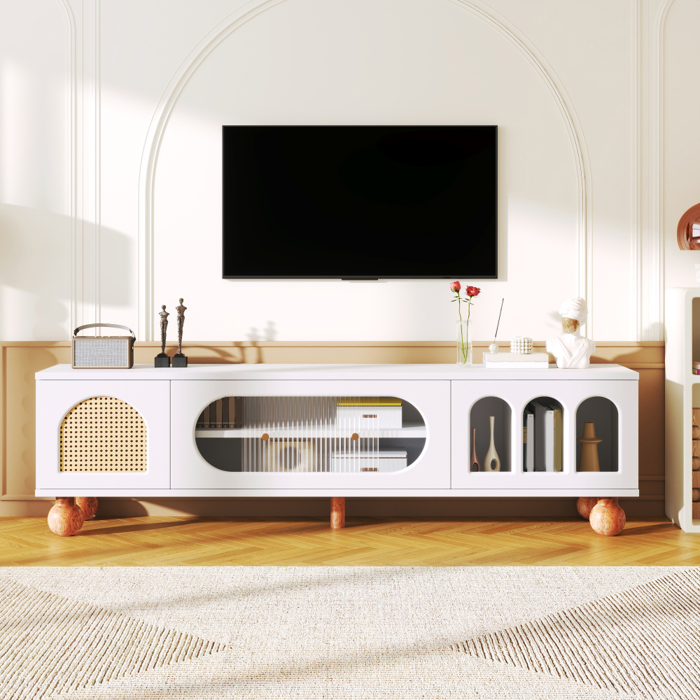 Image of Modern Elegant Tv Cabinet Made Of Solid Wood, Golden Handles As Optical Accents, Different Door Shapes With Practical Function, Construction, Combines Natural Elements And Contemporary Style.