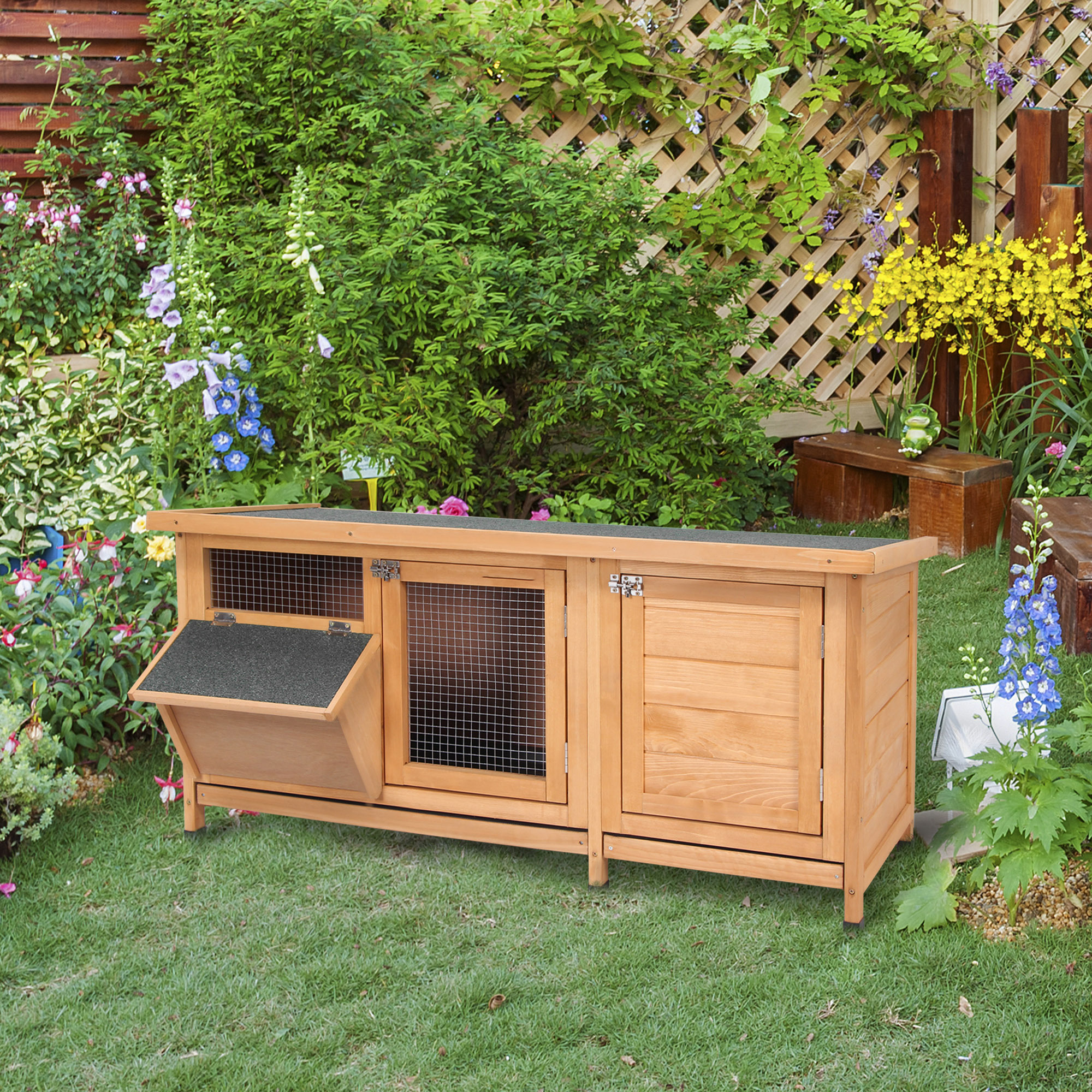 Winter-proof Rabbit Hutch, 112x50x54 Cm Wooden Rabbit Cage With Roof, 2 Doors, Metal Grille, Outdoor Rabbit And Guinea Pig Cage In Natural+black