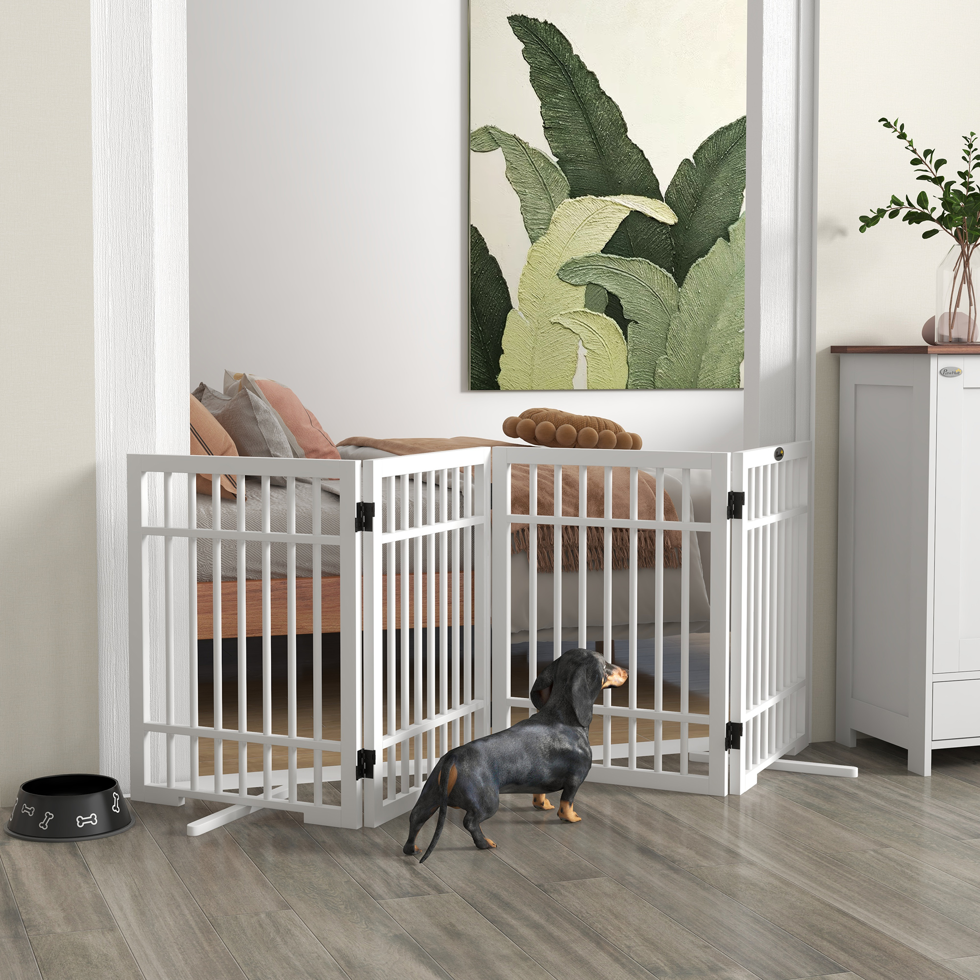 Barrier Grid Dog, Freestanding Protective Grid With 2 Support Feet, 4 Panels, 61 X 183 Cm Wooden Dog Grid Foldable For Stairs, Doors, Kitchen, Fireplace, Stair Grid For Small Dogs, White