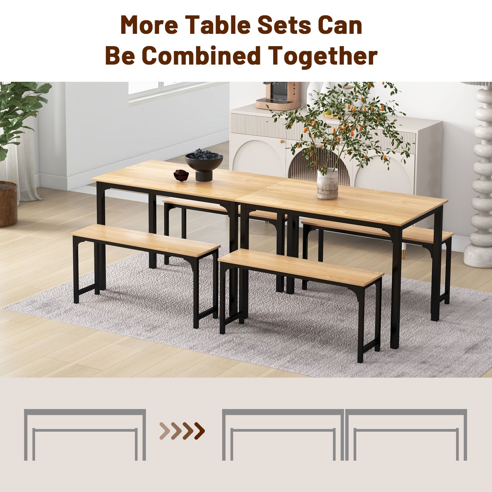 3 Pcs Dining Table Set Dining Table & 2 Benches Kitchen Space-saving ...