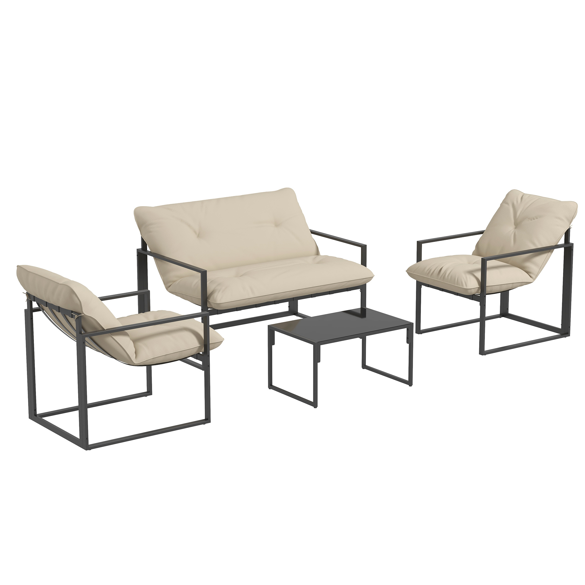 TEMU Outsunny Salon de jardin 4 pièces 4 personnes avec canapé 2 places, 2 fauteuils et basse 3 coussins pour terrasse Jardin - acier noir beige