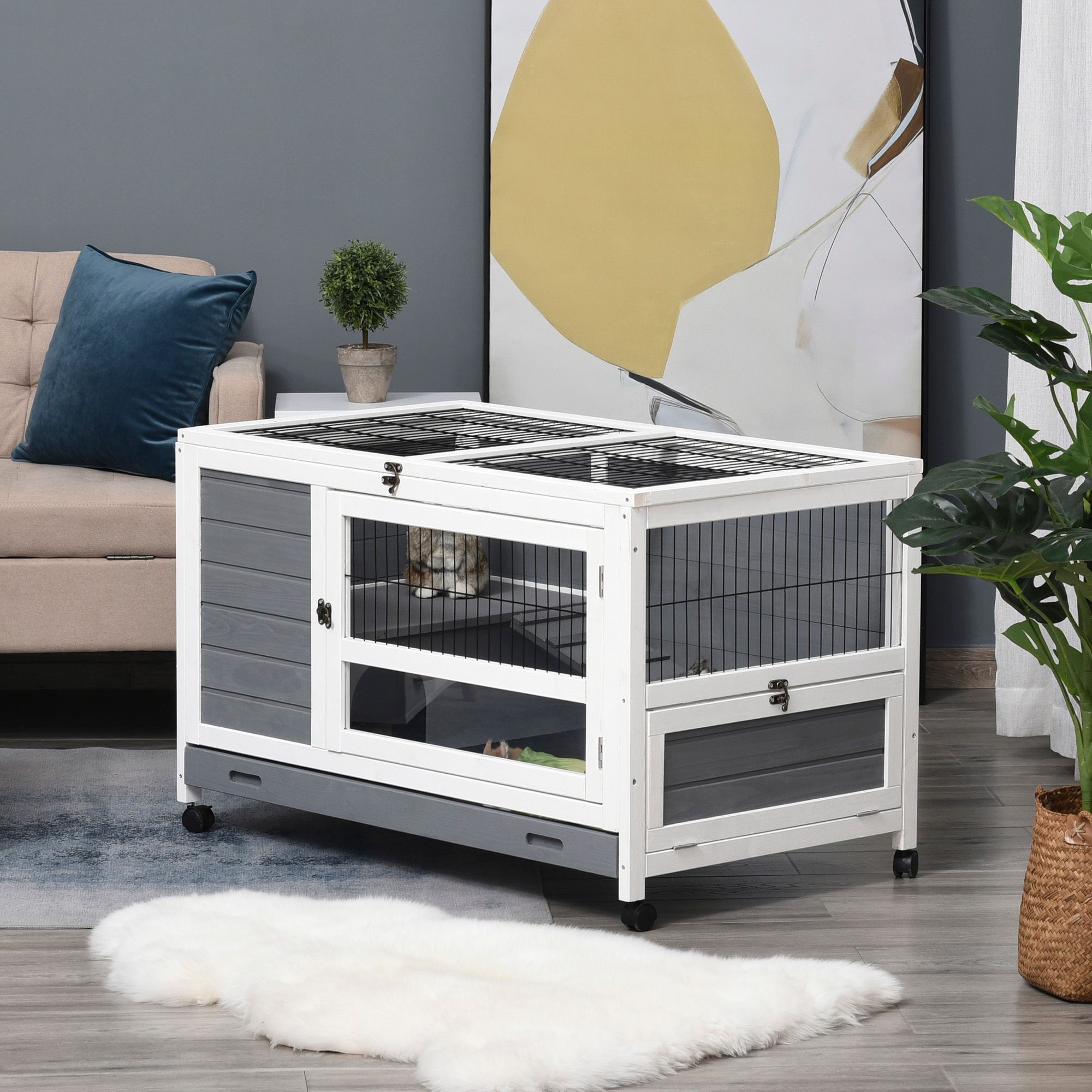 PawHut Rabbit Cage Hutch on Wheels Wooden Bunny Villa Rabbit Hutch with Slide-Out Tray, Lockable Door, Openable Top 102 x 60 x 63.5 cm, Grey