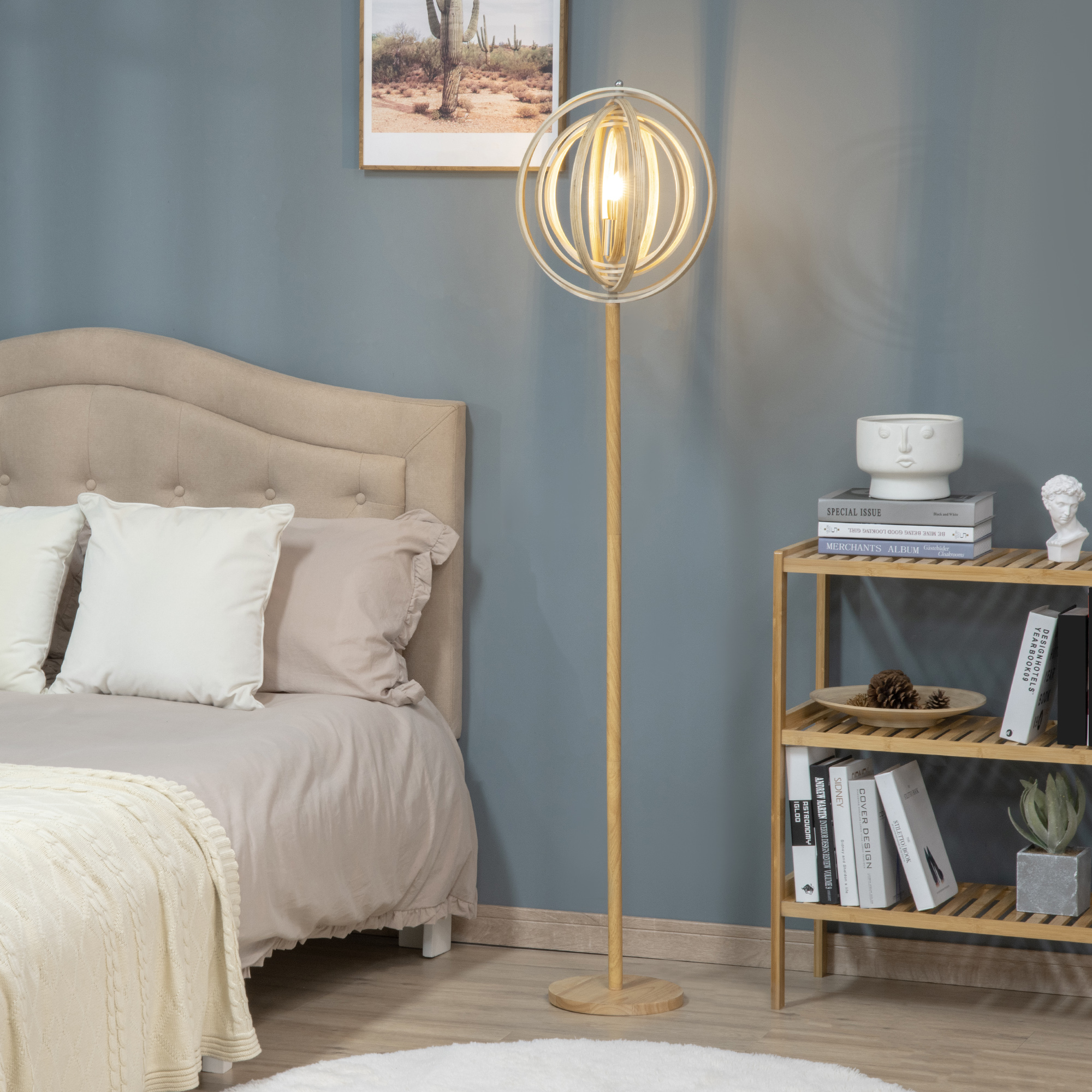 Lampe de sol circulaire avec abat-jour en bois naturel