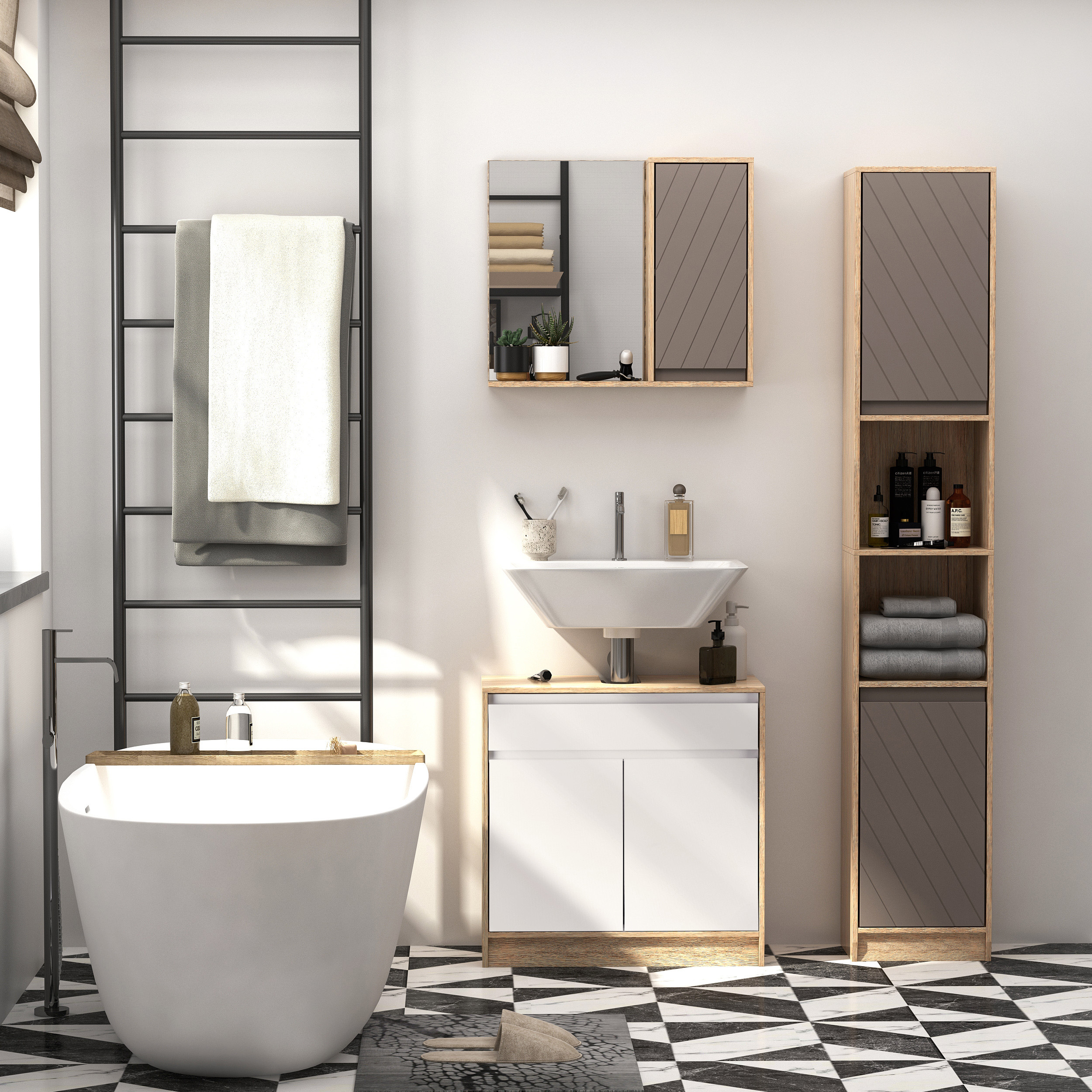 Image of Homcom Tall Bathroom Cabinet Column Bathroom Cabinet With 2 Doors And 2 Open Shelves Storage Auxiliary Furniture For Living Room Hallway 30x24x170 Cm Oak And Grey