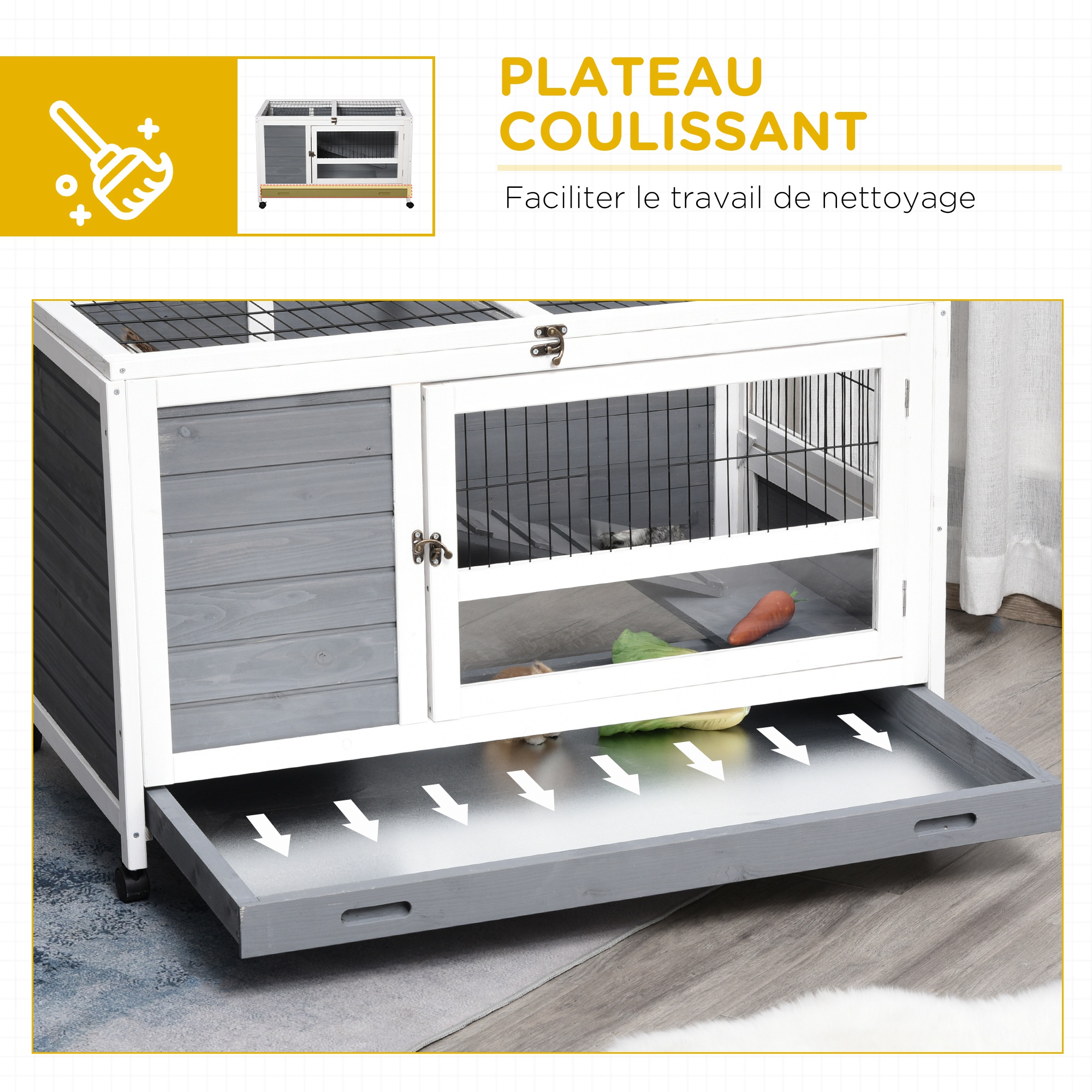 PawHut Rabbit Cage Hutch on Wheels Wooden Bunny Villa Rabbit Hutch with Slide-Out Tray, Lockable Door, Openable Top 102 x 60 x 63.5 cm, Grey