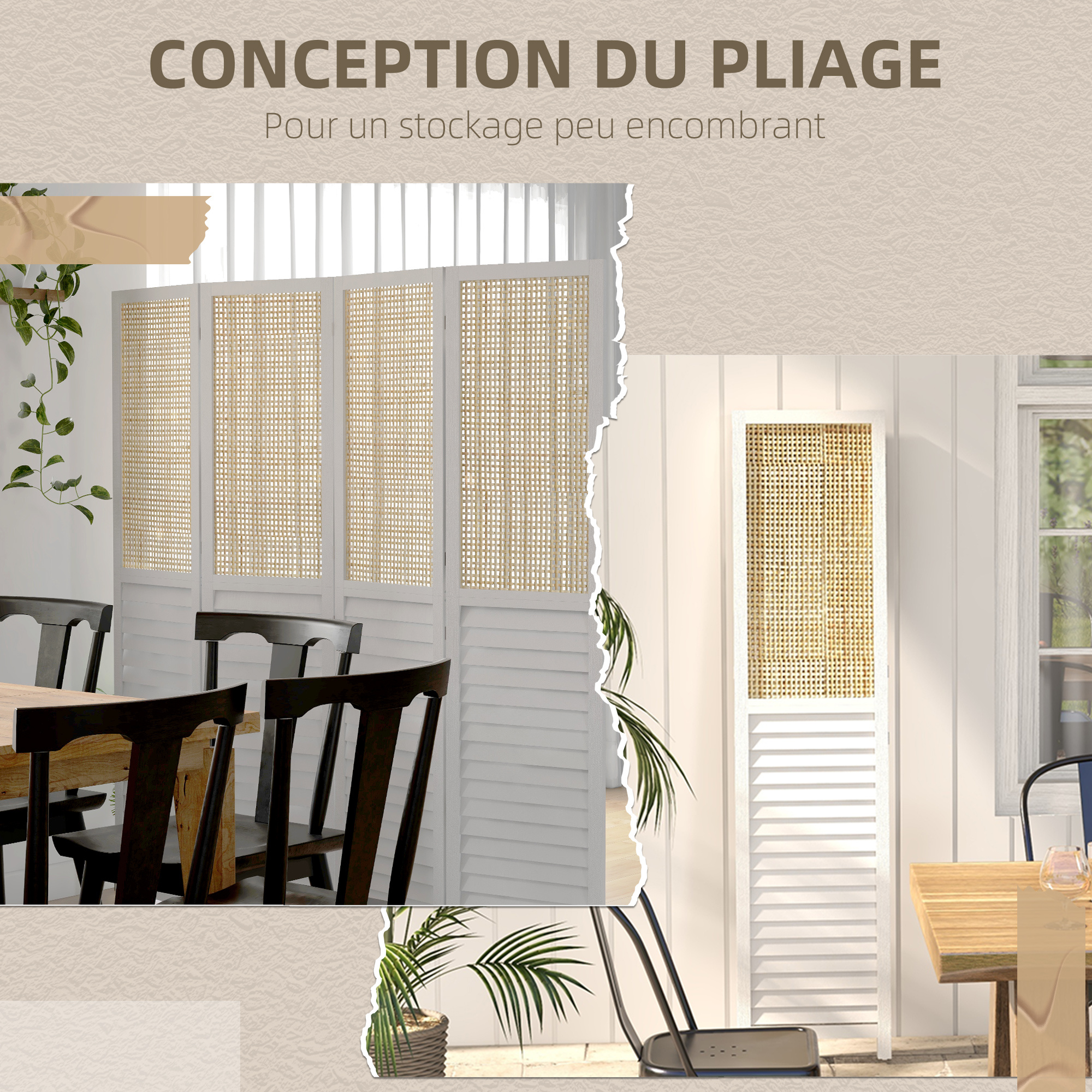Angel Living Paravent 4 Panneaux Pliable - Séparateur De Pièce 180x324cm Beige - Diviseur De Chambre Intimité