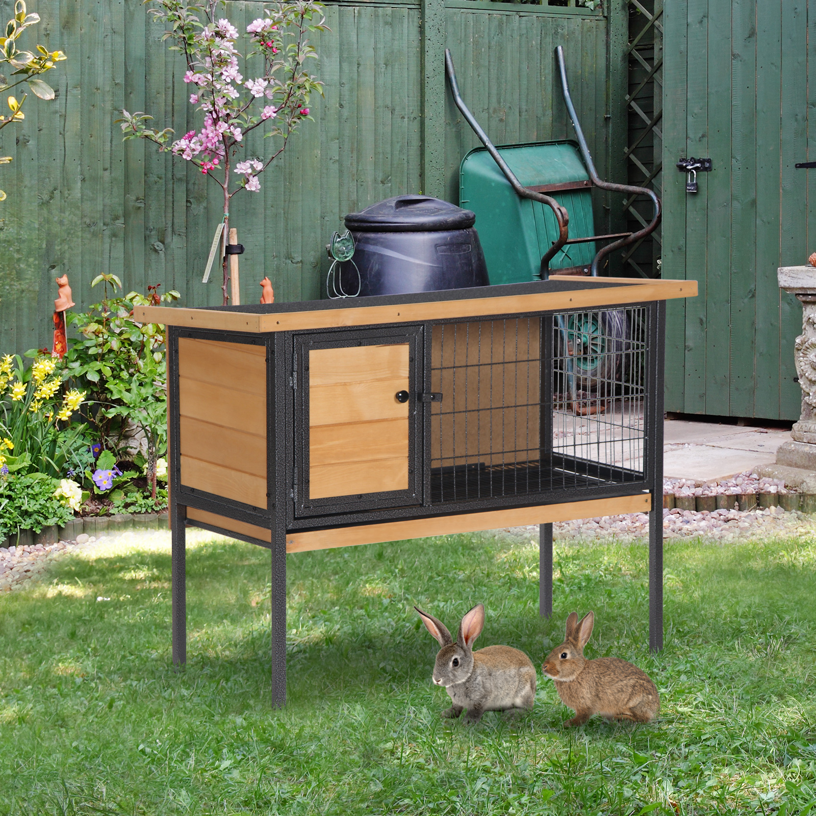 PawHut Wooden Rabbit Cage on Legs, Outdoor Hutch for Small Animals, Guinea Pets with Openable Roof - Dim. 91.5W x 45D x 70H cm