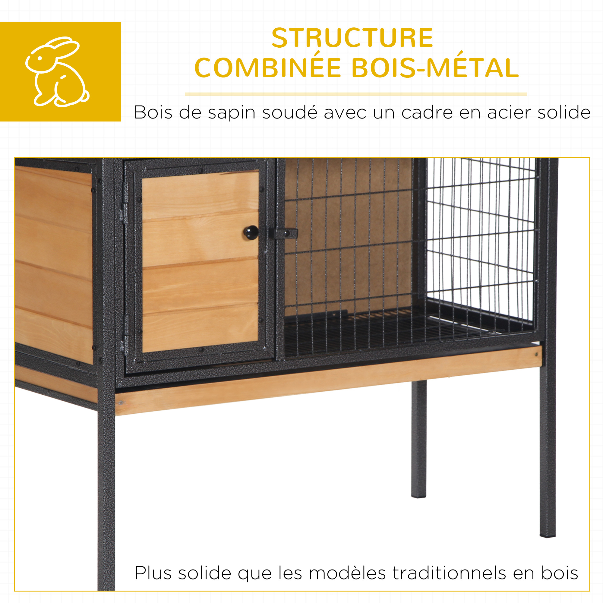 PawHut Wooden Rabbit Cage on Legs, Outdoor Hutch for Small Animals, Guinea Pets with Openable Roof - Dim. 91.5W x 45D x 70H cm