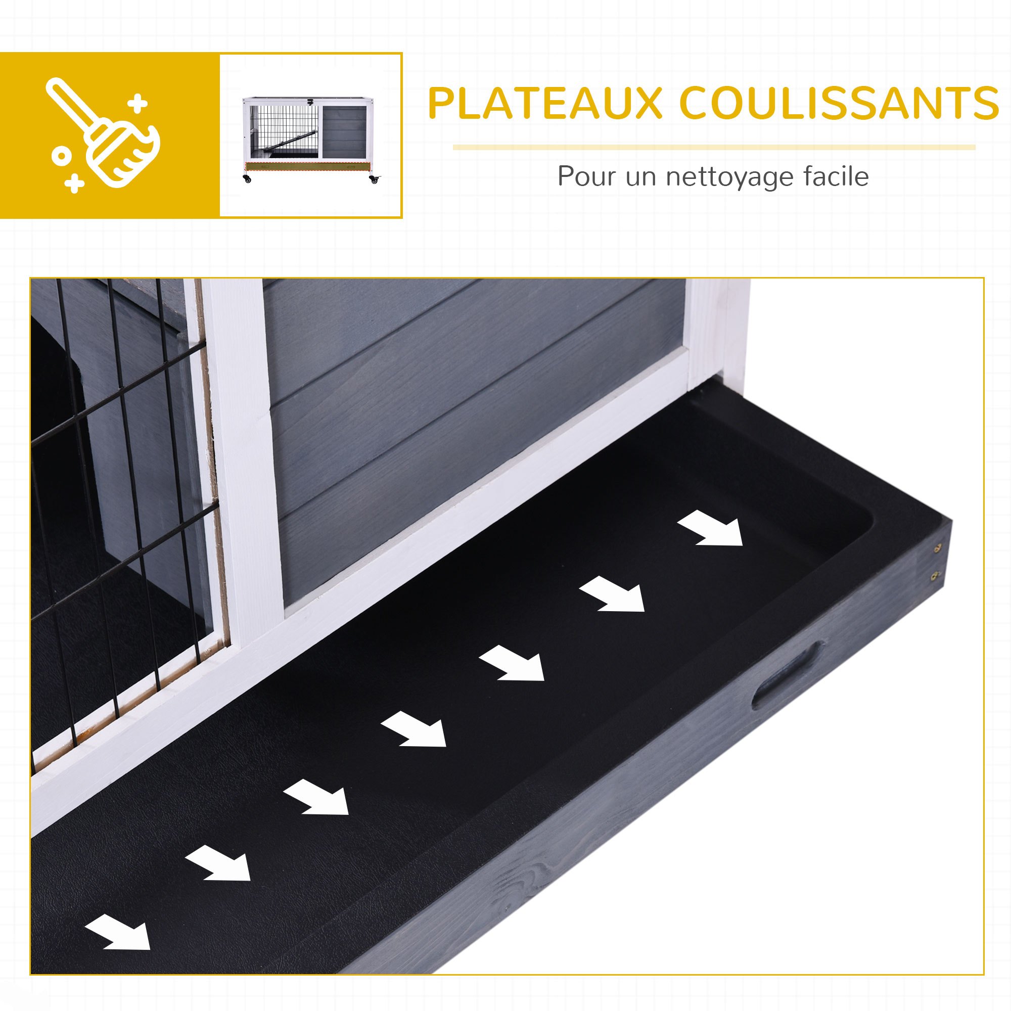 Pawhut Rabbit Hutch on Wheels 2-Story Rabbit Cage with Lockable Door Opening Roof Sliding Plate Wooden Ramp Grey White Sapin Wood