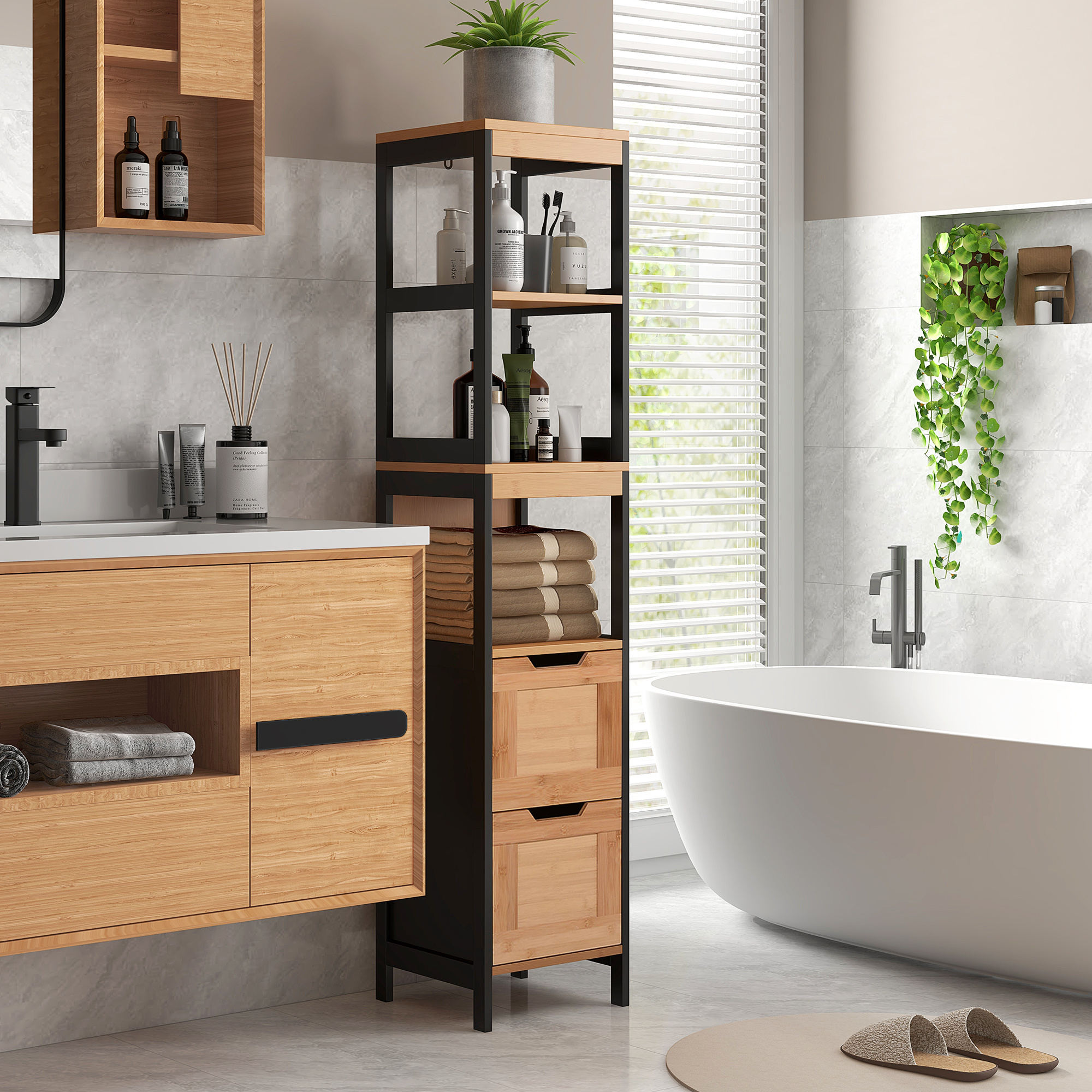 Image of Kleankin Bathroom Cabinet With 2 Drawers And 3 Open Compartments, Mdf Wood And Bamboo Bathroom Furniture, 30x30x144.3 Cm