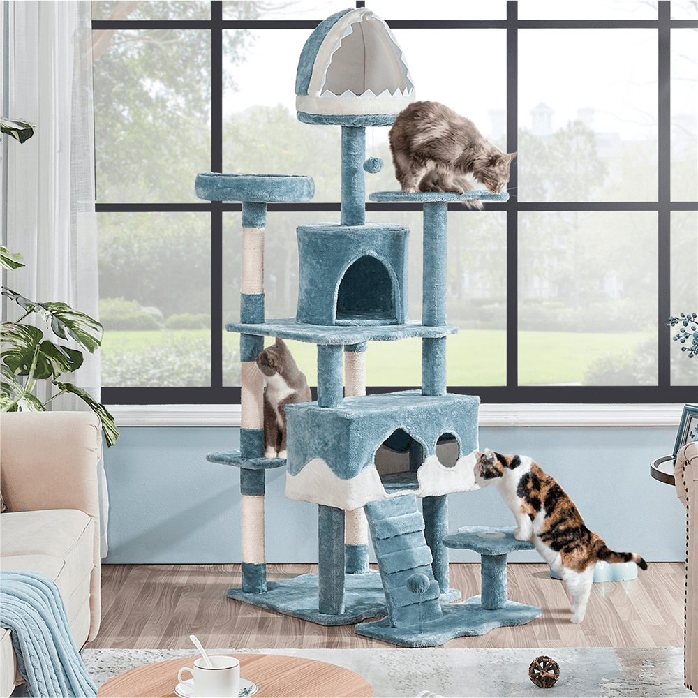 E-shop Costoffs Kratzbaum Meeres-Thema Katzenbaum XXL Katzenkratzbaum Kletterbaum mit 3 Katzenhöhlen 5 Sisalstämme 4 Plattformen Blau/Weiß