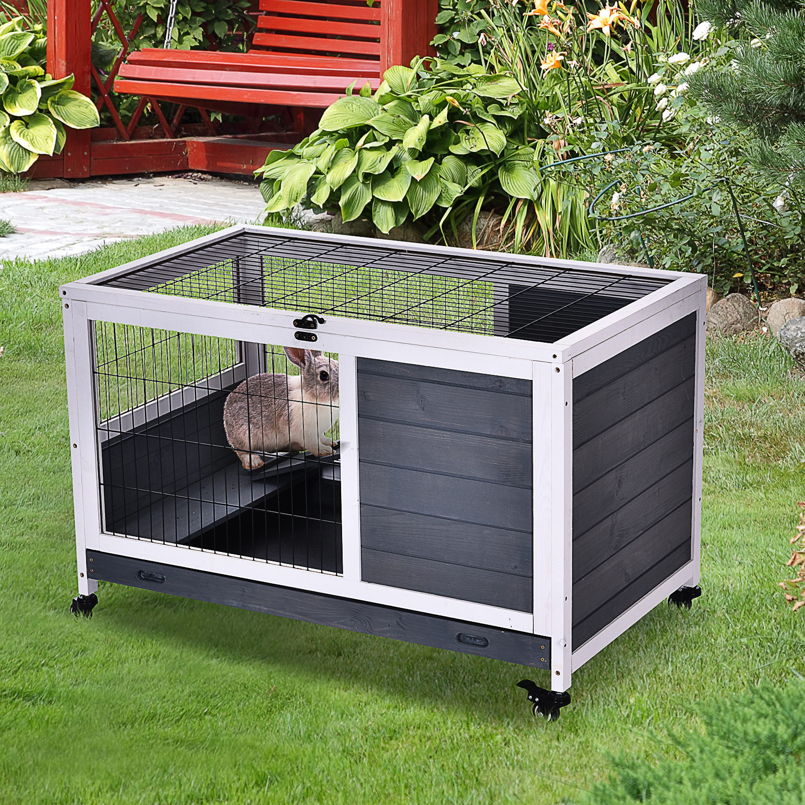Pawhut Rabbit Hutch on Wheels 2-Story Rabbit Cage with Lockable Door Opening Roof Sliding Plate Wooden Ramp Grey White Sapin Wood