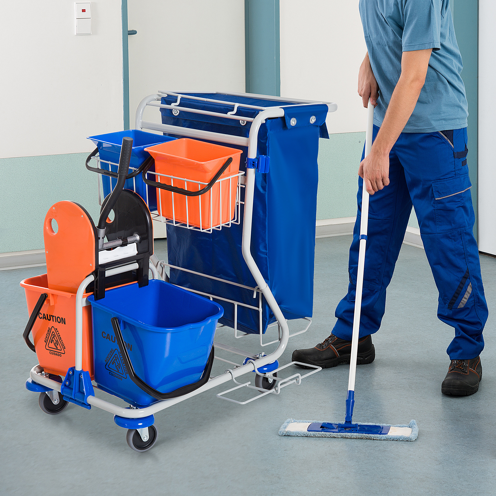 Cleaning Cart Cleaning Trolley 4 Casters Mop Cart System Cart With Rollers Blue Orange 80 X 97 Cm