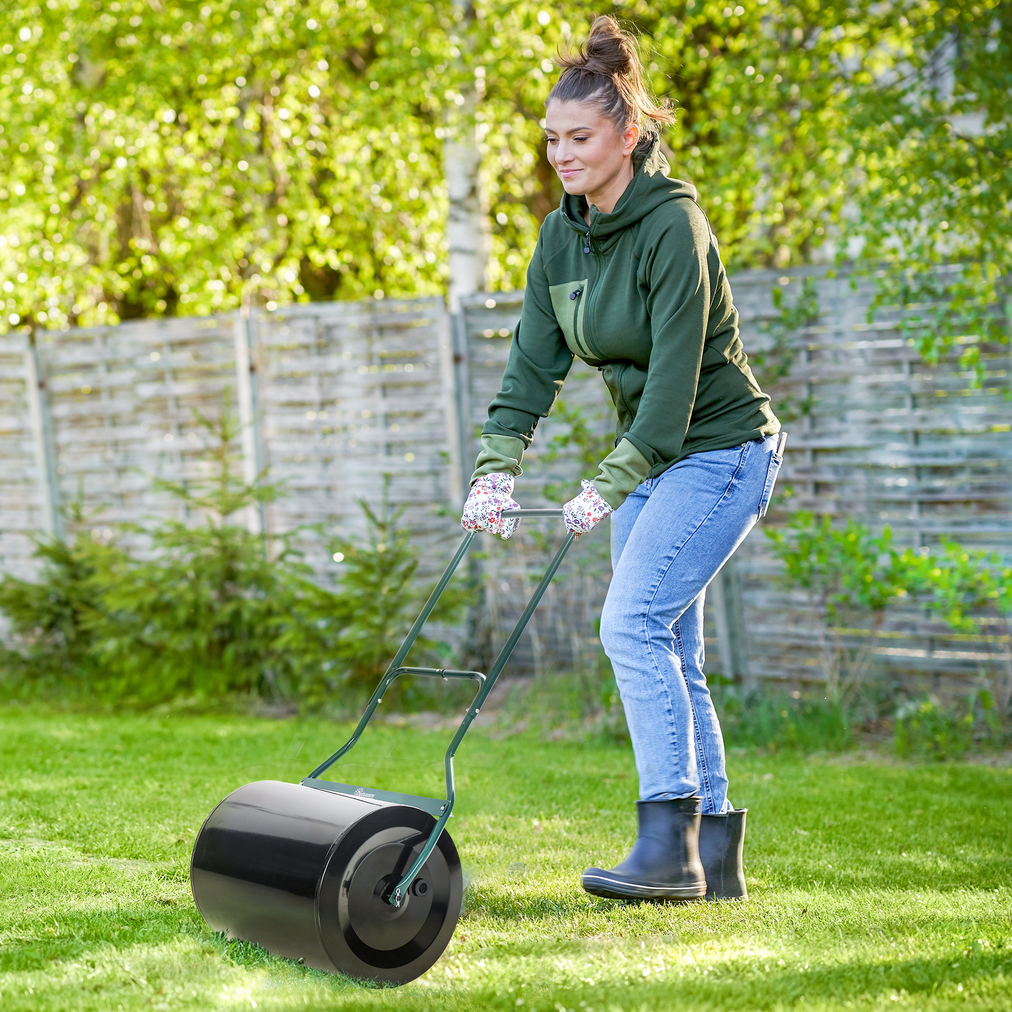 Image of Lawn Roller With U-handle, Garden Roller, Garden Roller, 40 Cm Diameter, 60 L Water/sand Filling, Metal, Black 57 X 40 X 123 Cm