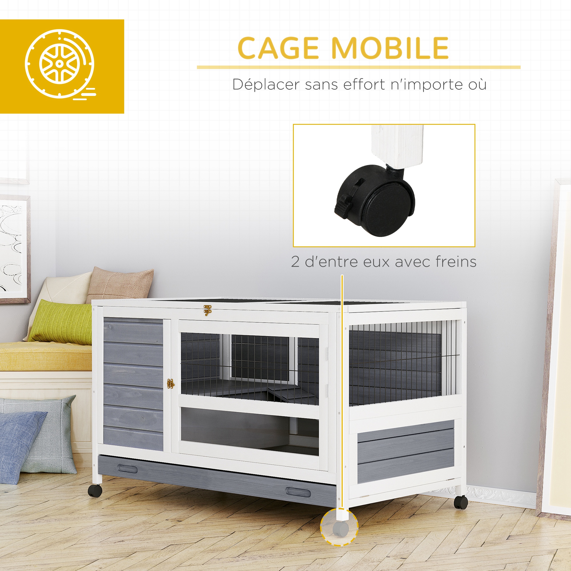 PawHut Rabbit Cage Hutch on Wheels Wooden Bunny Villa Rabbit Hutch with Slide-Out Tray, Lockable Door, Openable Top 102 x 60 x 63.5 cm, Grey