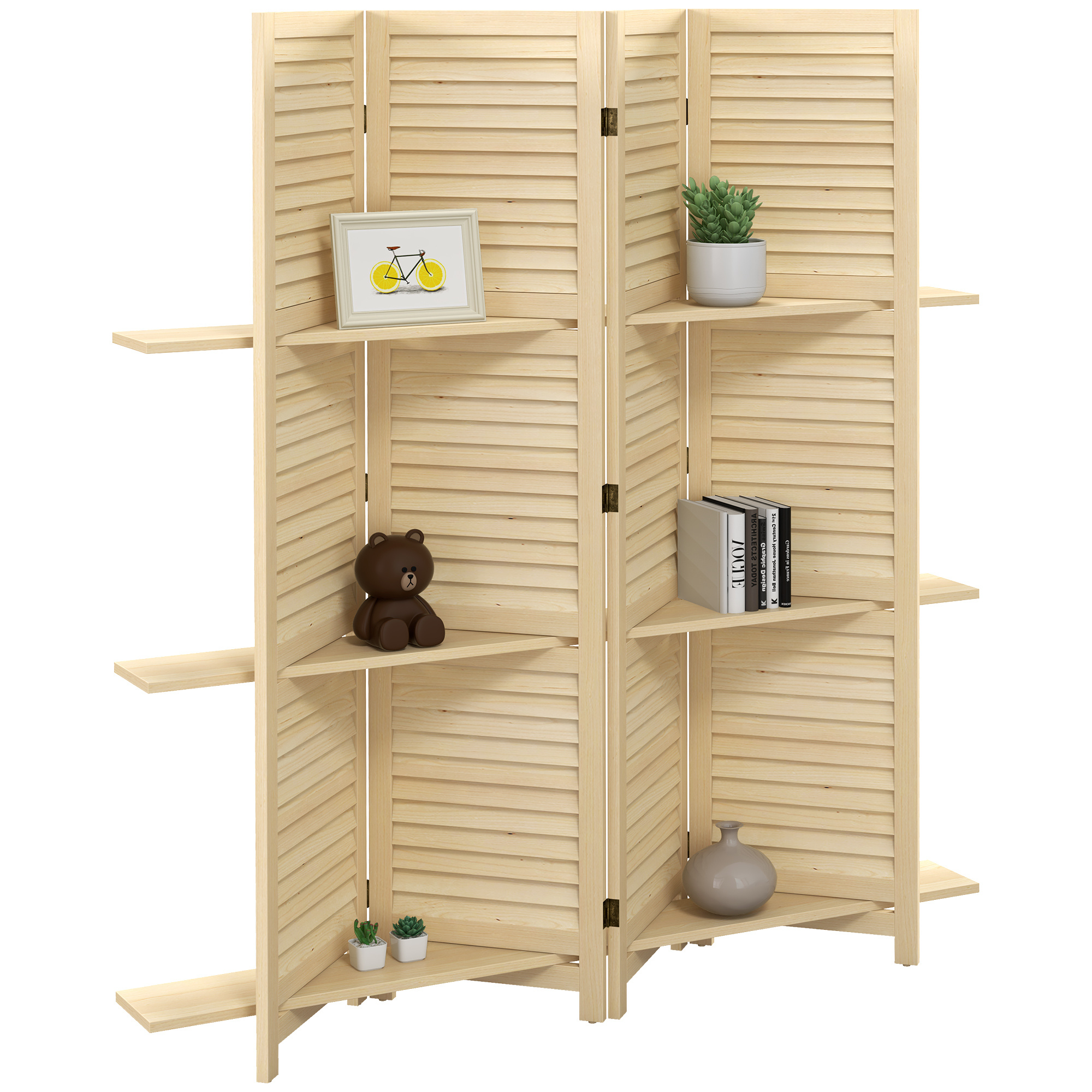 Homcom Interior Room Divider 4 Panels 160l X 170h Cm 3 Foldable Shelves Room Divider Doors Natural Wood