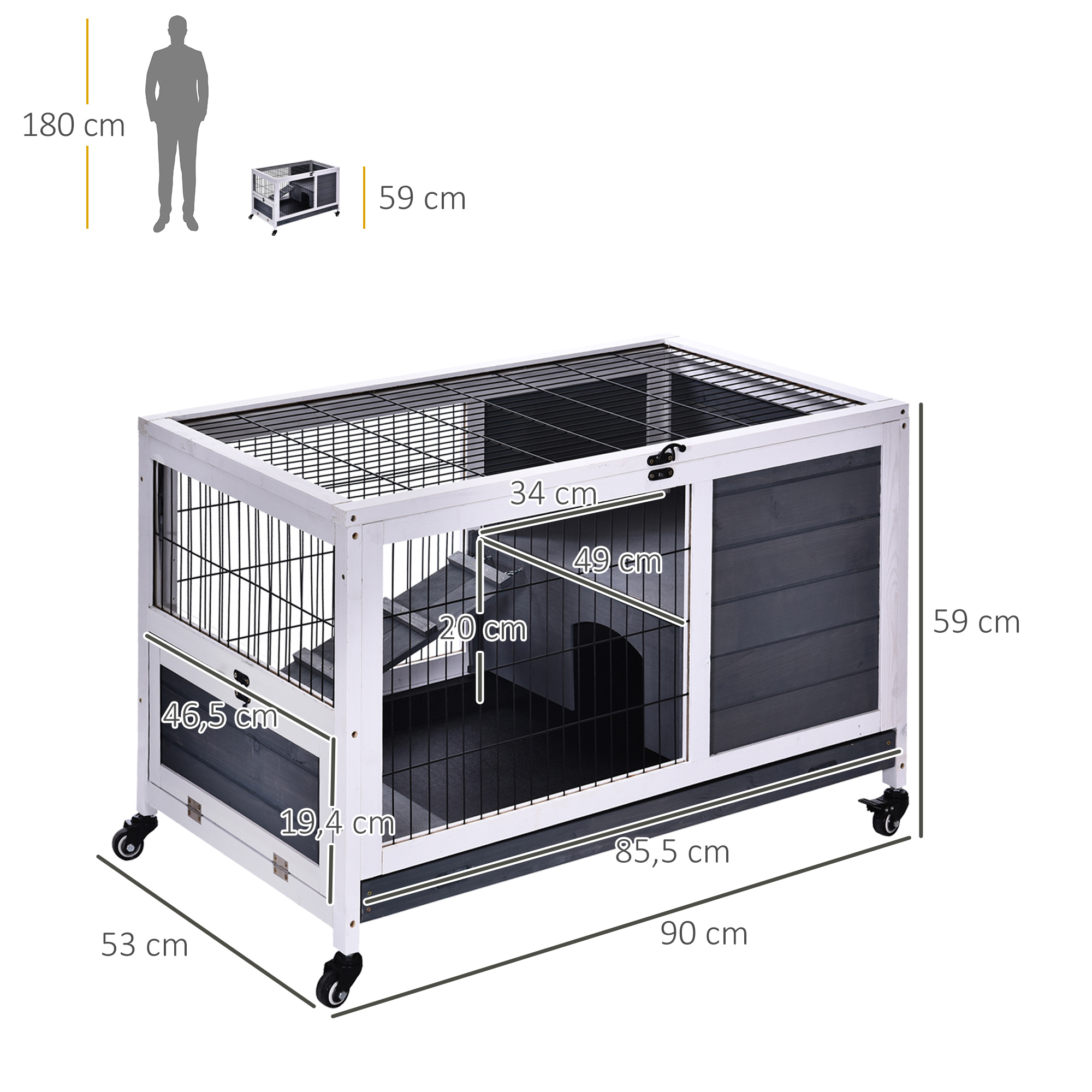 Pawhut Rabbit Hutch on Wheels 2-Story Rabbit Cage with Lockable Door Opening Roof Sliding Plate Wooden Ramp Grey White Sapin Wood