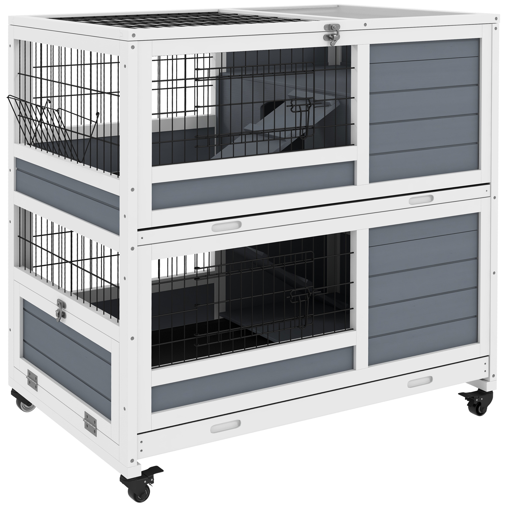 PawHut Indoor Wooden Rabbit Hutch on Wheels - 2-Tier with 2 Sliding Trays, Lockable Door, Feeder - 90L x 53W x 97H cm - Grey