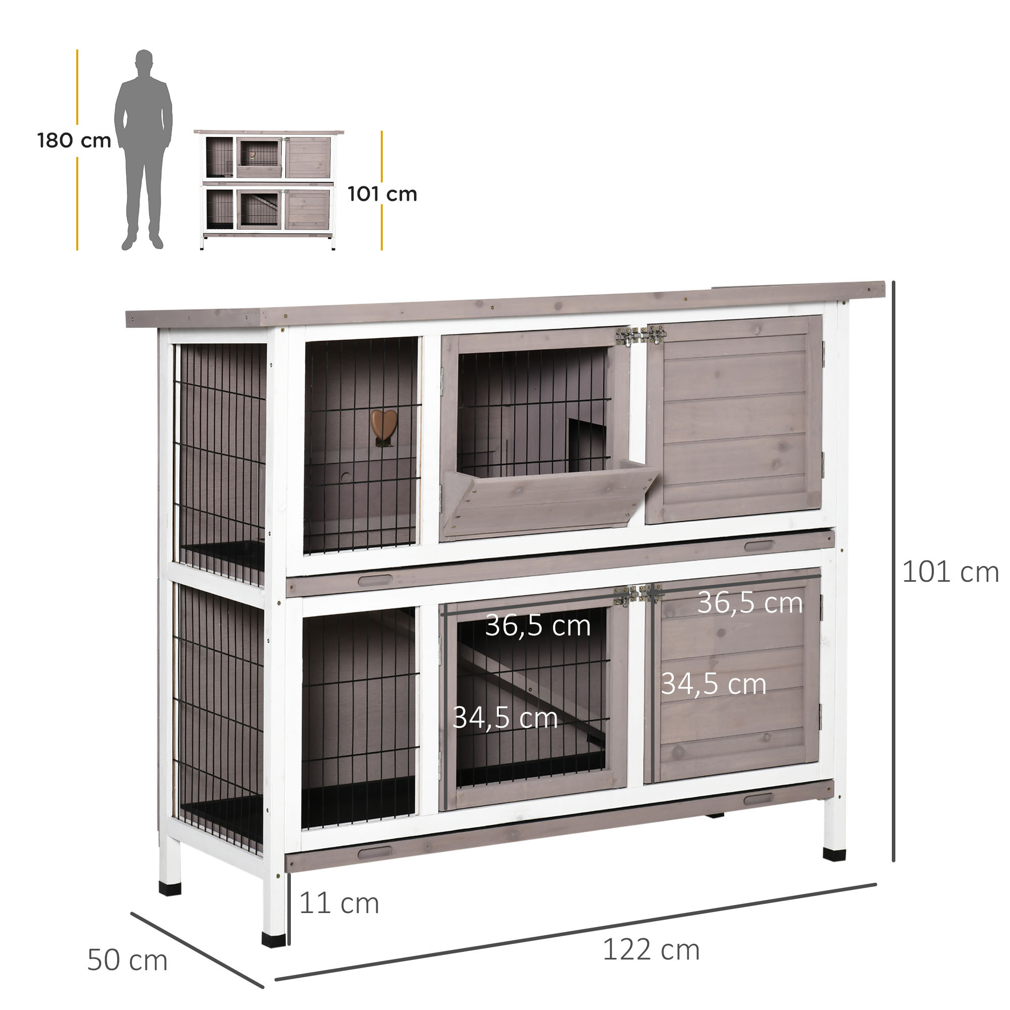 2-Tier Wooden Rabbit Cage with Opening Roof, Manger, Sliding Trays, 4 Doors, 122 x 50 x 101 cm, Gray and White