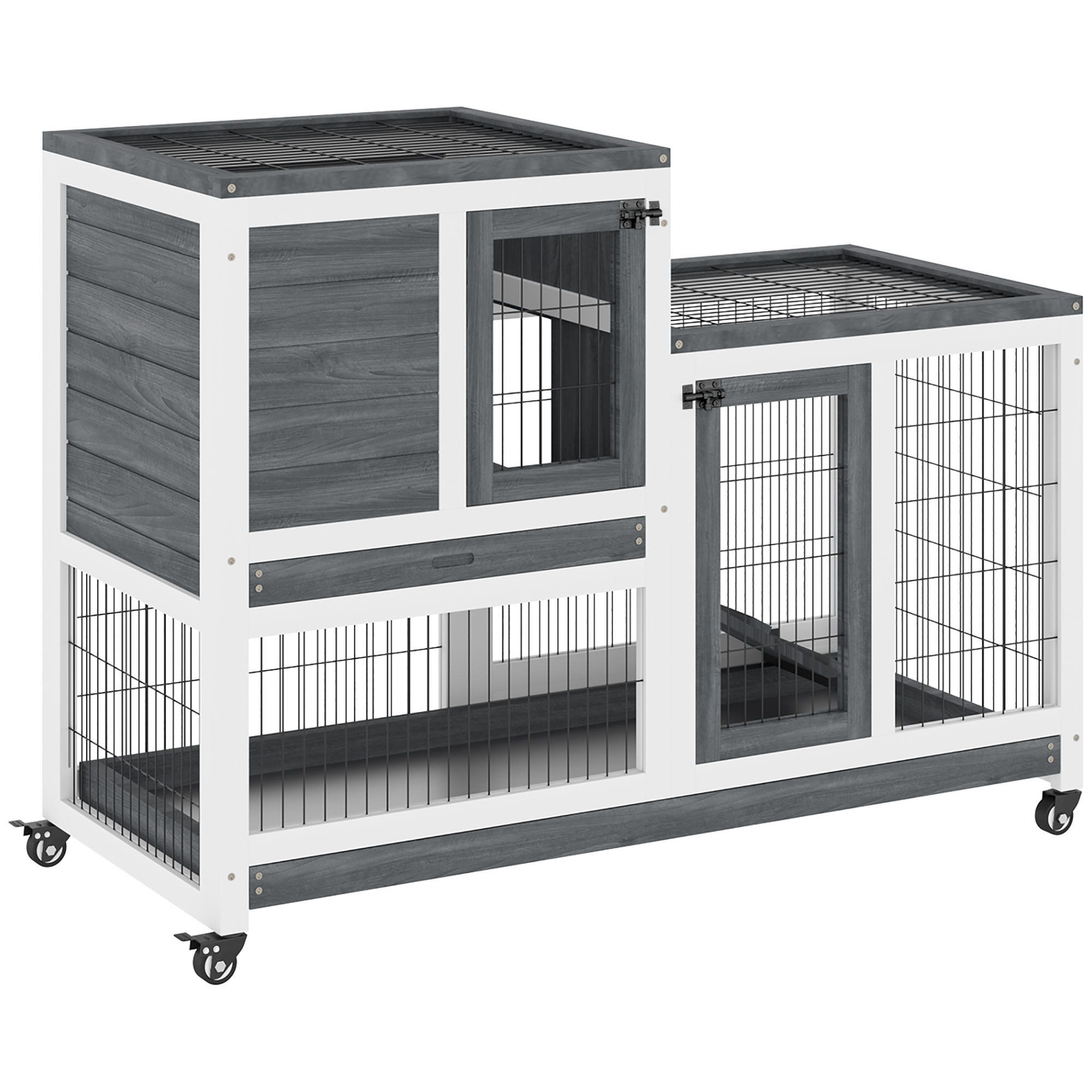 Pawhut Rabbit Clapier On Wheels Indoor Outdoor 2-tier Rabbit Cage With 2 Lockable Doors 2 Sliding Trays Wooden Ramp Grey And White