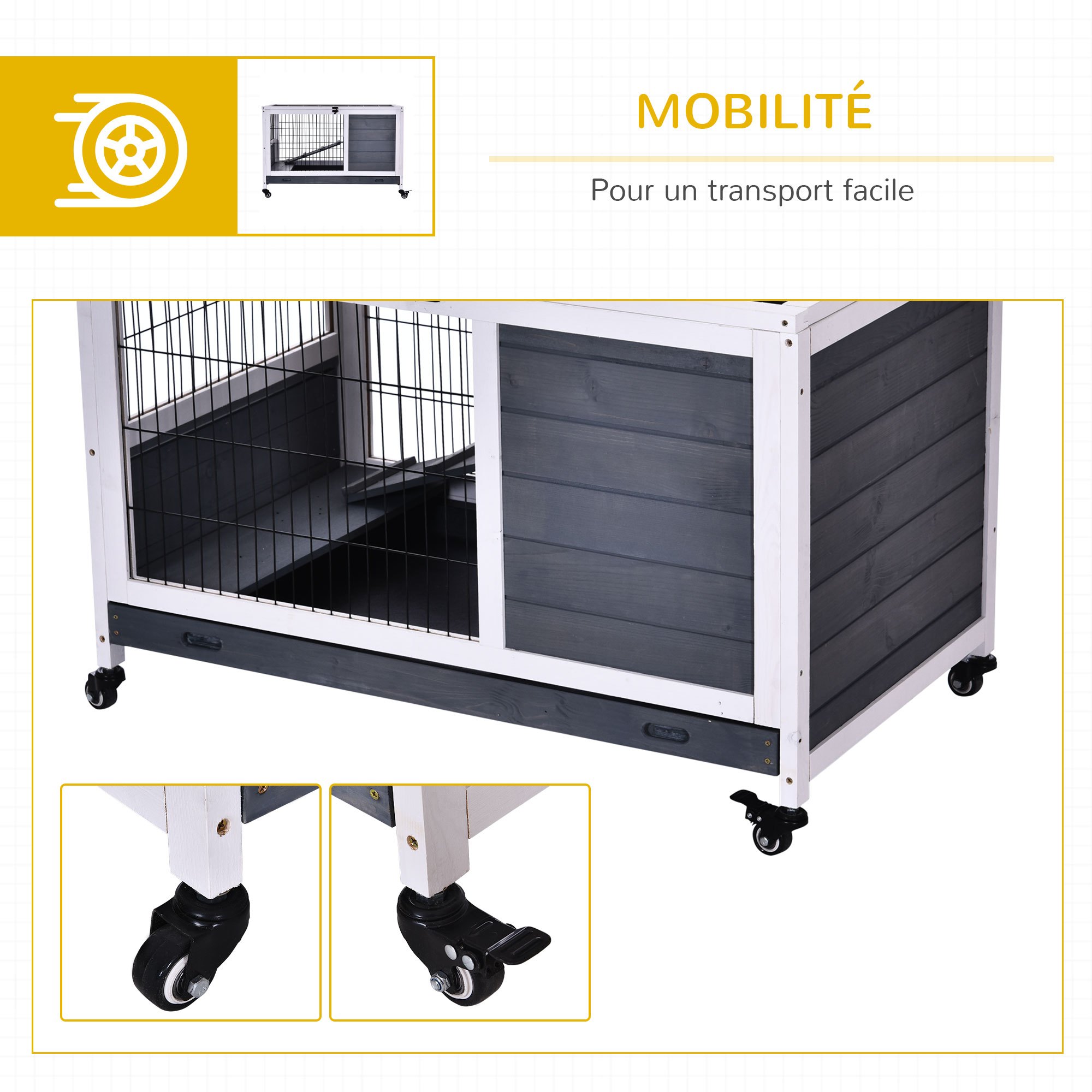 Pawhut Rabbit Hutch on Wheels 2-Story Rabbit Cage with Lockable Door Opening Roof Sliding Plate Wooden Ramp Grey White Sapin Wood