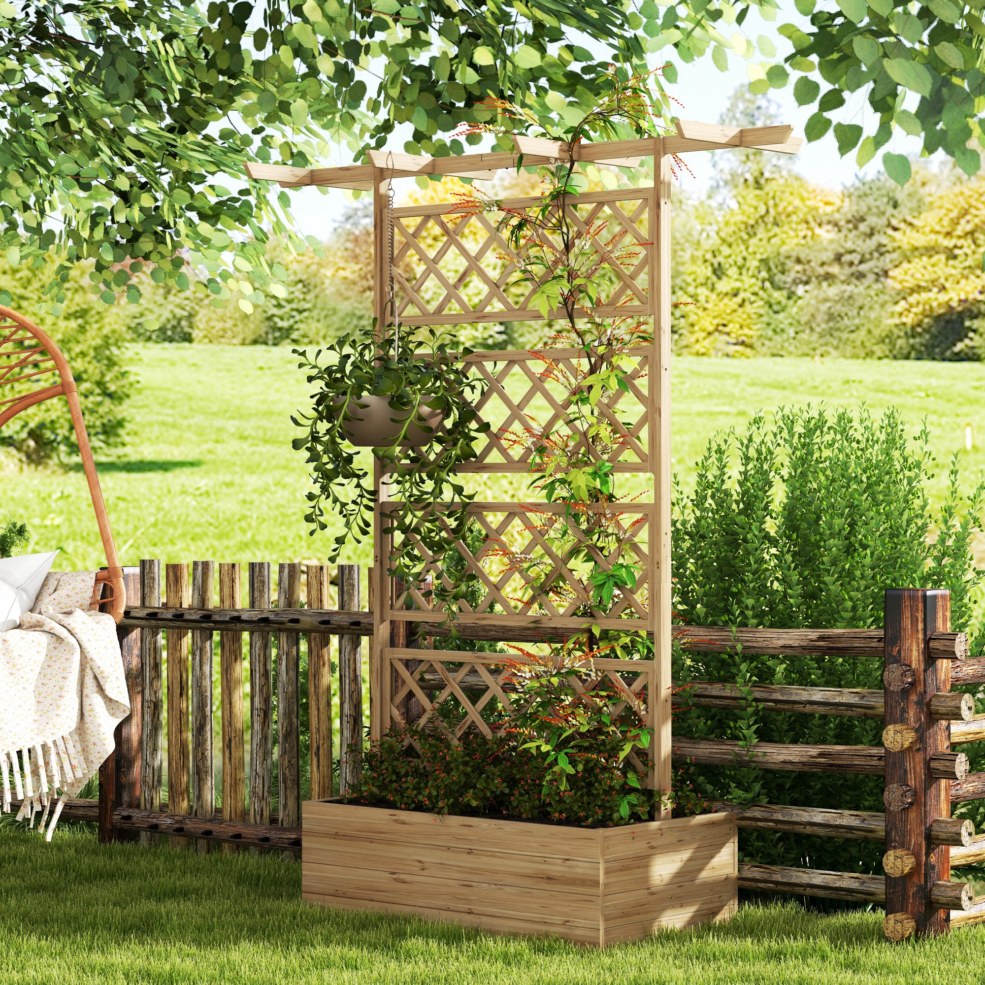Outsunny Raised Bed For Garden With Trellis And Pergola, Garden And Terrace Planter For Climbing Plants With Open Bottom, 160x55x183cm, Natural Wood