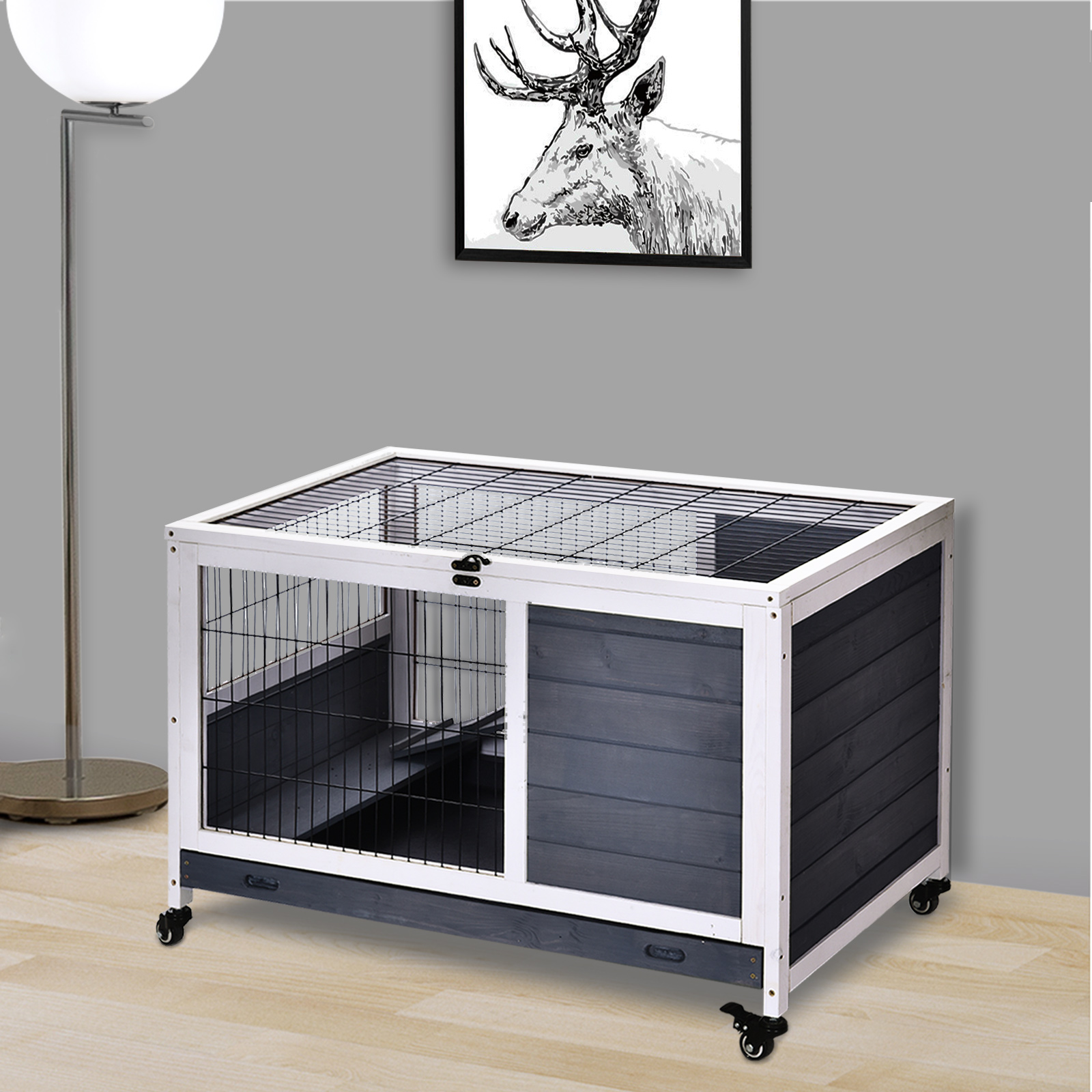Pawhut Rabbit Hutch on Wheels 2-Story Rabbit Cage with Lockable Door Opening Roof Sliding Plate Wooden Ramp Grey White Sapin Wood