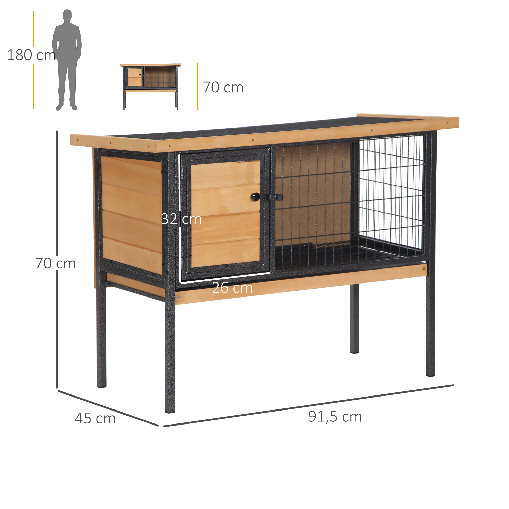 PawHut Wooden Rabbit Cage on Legs, Outdoor Hutch for Small Animals, Guinea Pets with Openable Roof - Dim. 91.5W x 45D x 70H cm