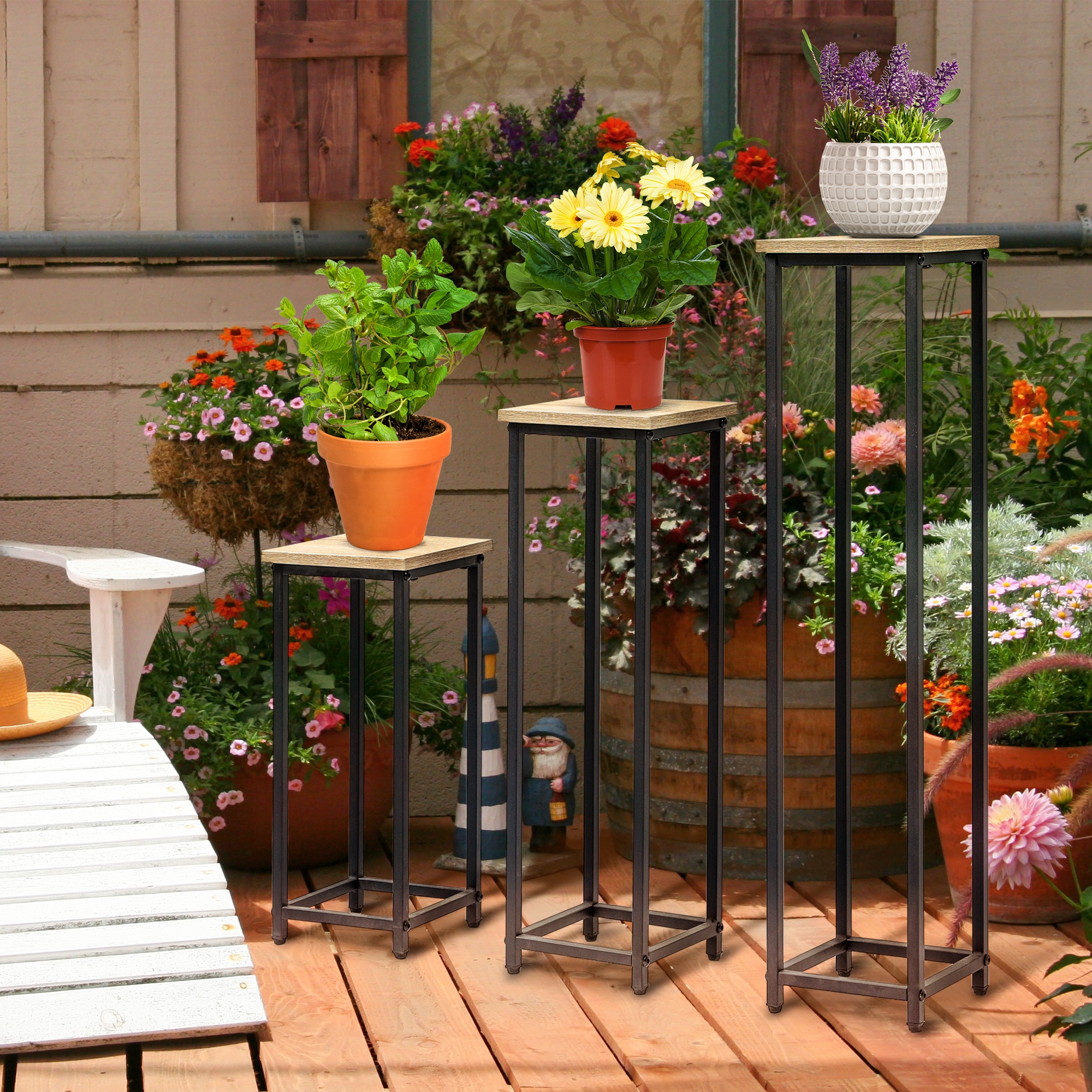 3-piece Set Plant Stand Stackable Flower Stool Flower Pot Holder Space- Plant Stool In For Garden Balcony Black+natural