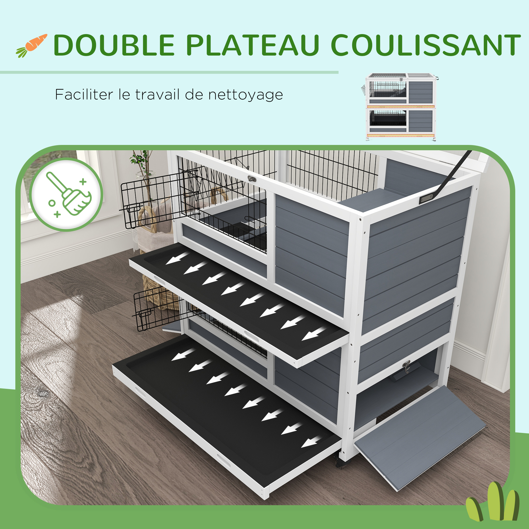PawHut Indoor Wooden Rabbit Hutch on Wheels - 2-Tier with 2 Sliding Trays, Lockable Door, Feeder - 90L x 53W x 97H cm - Grey