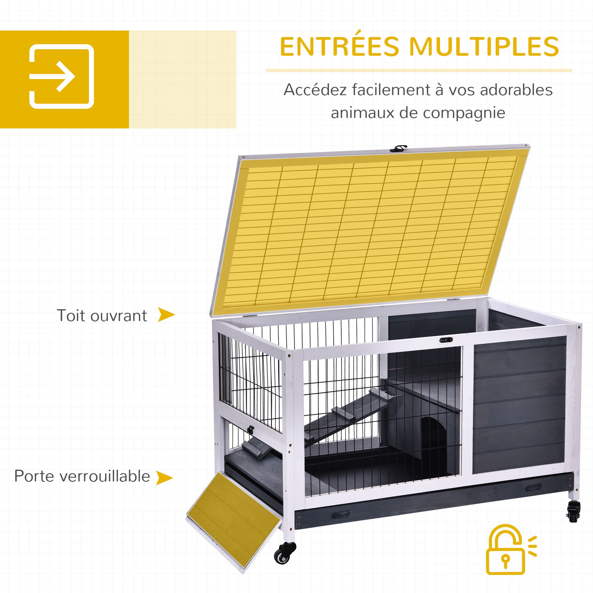 Pawhut Rabbit Hutch on Wheels 2-Story Rabbit Cage with Lockable Door Opening Roof Sliding Plate Wooden Ramp Grey White Sapin Wood