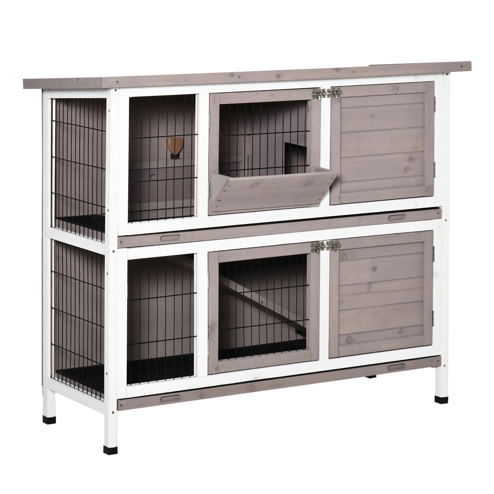 2-Tier Wooden Rabbit Cage with Opening Roof, Manger, Sliding Trays, 4 Doors, 122 x 50 x 101 cm, Gray and White