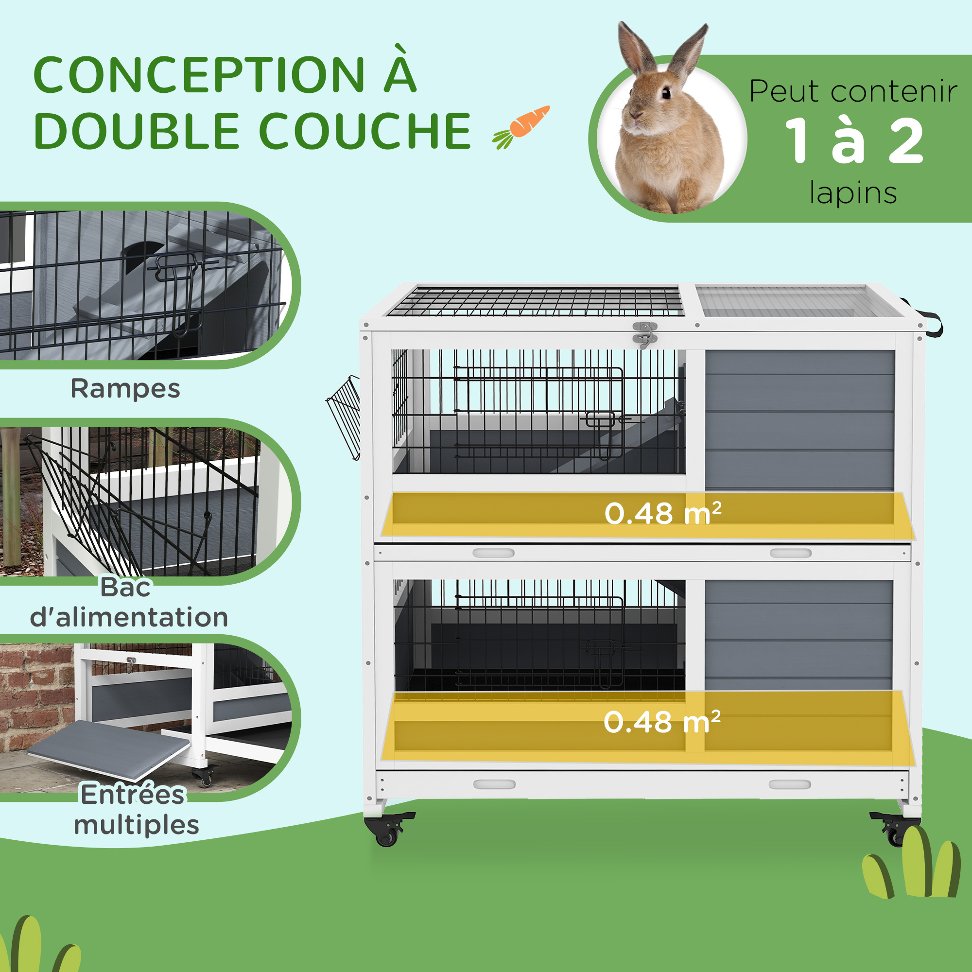 PawHut Indoor Wooden Rabbit Hutch on Wheels - 2-Tier with 2 Sliding Trays, Lockable Door, Feeder - 90L x 53W x 97H cm - Grey