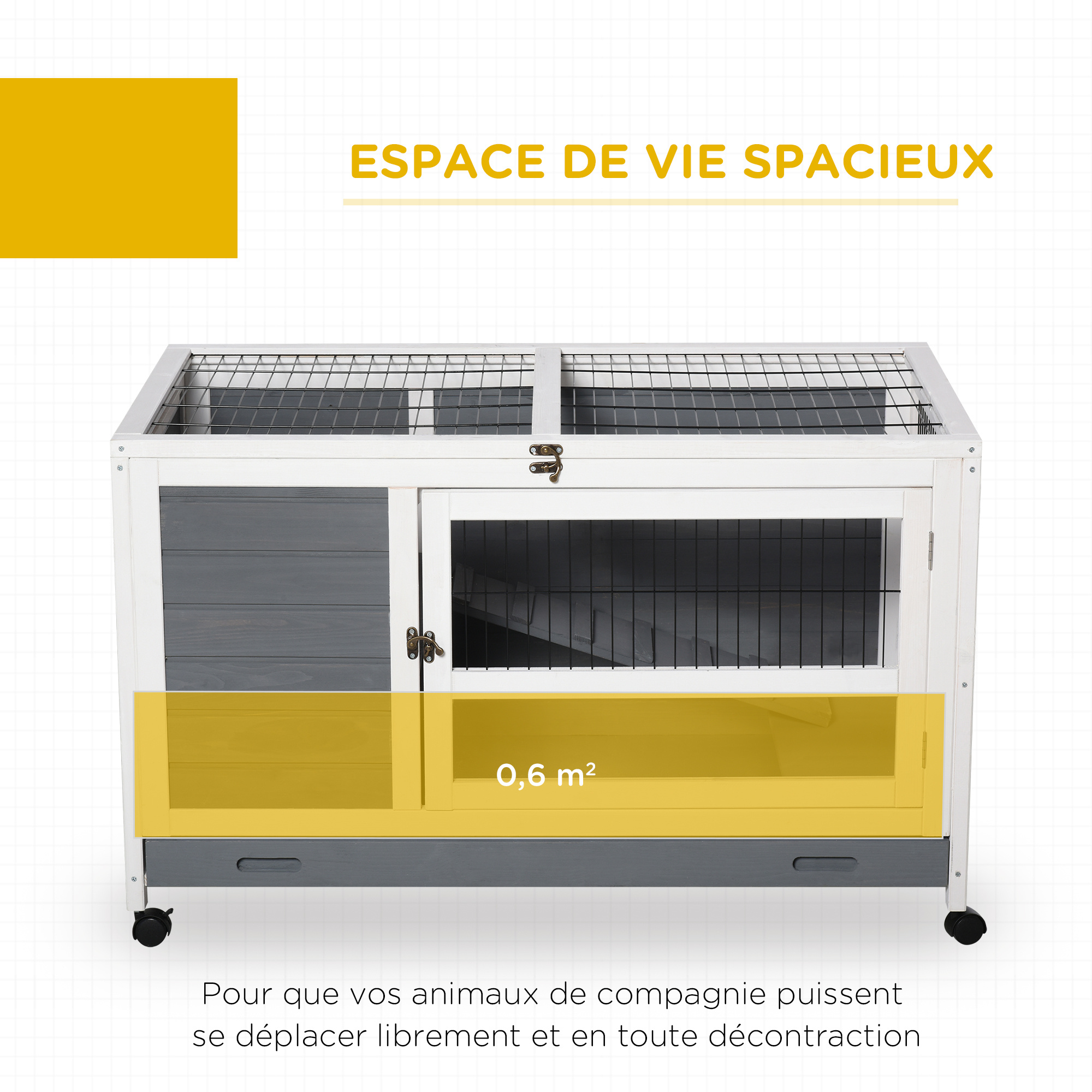 PawHut Rabbit Cage Hutch on Wheels Wooden Bunny Villa Rabbit Hutch with Slide-Out Tray, Lockable Door, Openable Top 102 x 60 x 63.5 cm, Grey