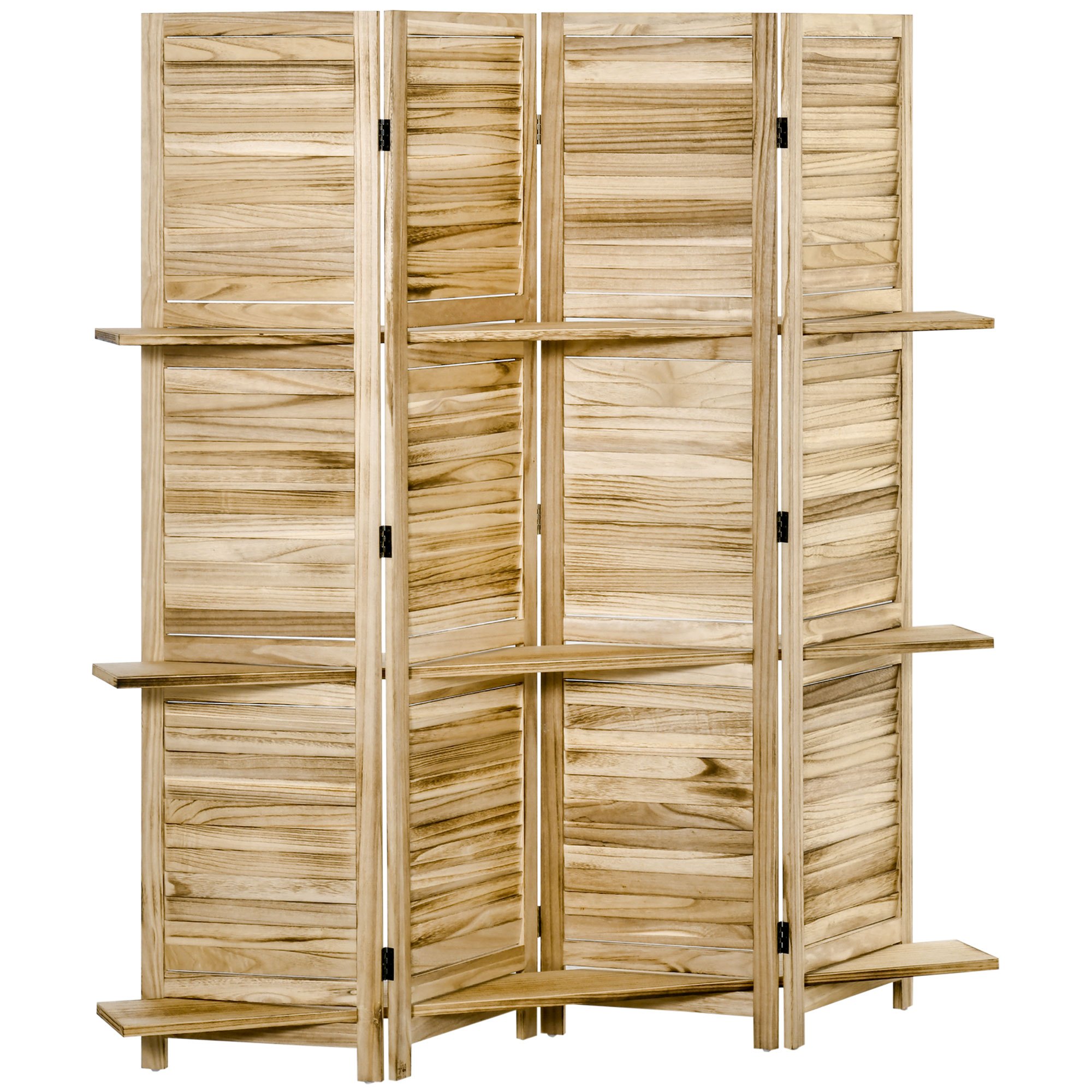 HOMCOM 4-Panel Indoor Ruimteverdeler 162L x 170H cm 3 Opvouwbare Planken Partitie met Luifeldeuren Hout Pine Look Autoclaafbehandeld