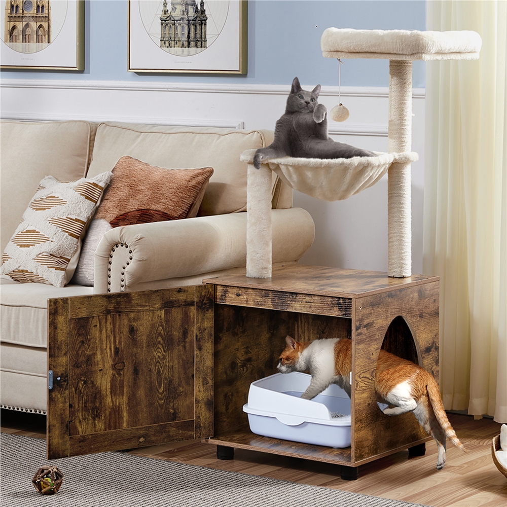 

Scratching Tree Cat Scratching Tree With Litter Box, 125 Cm Cat Tree With Platform Lying Bed Scratching Posts, 2-in-1 Cat Cabinet For Cat Toilet, -beige