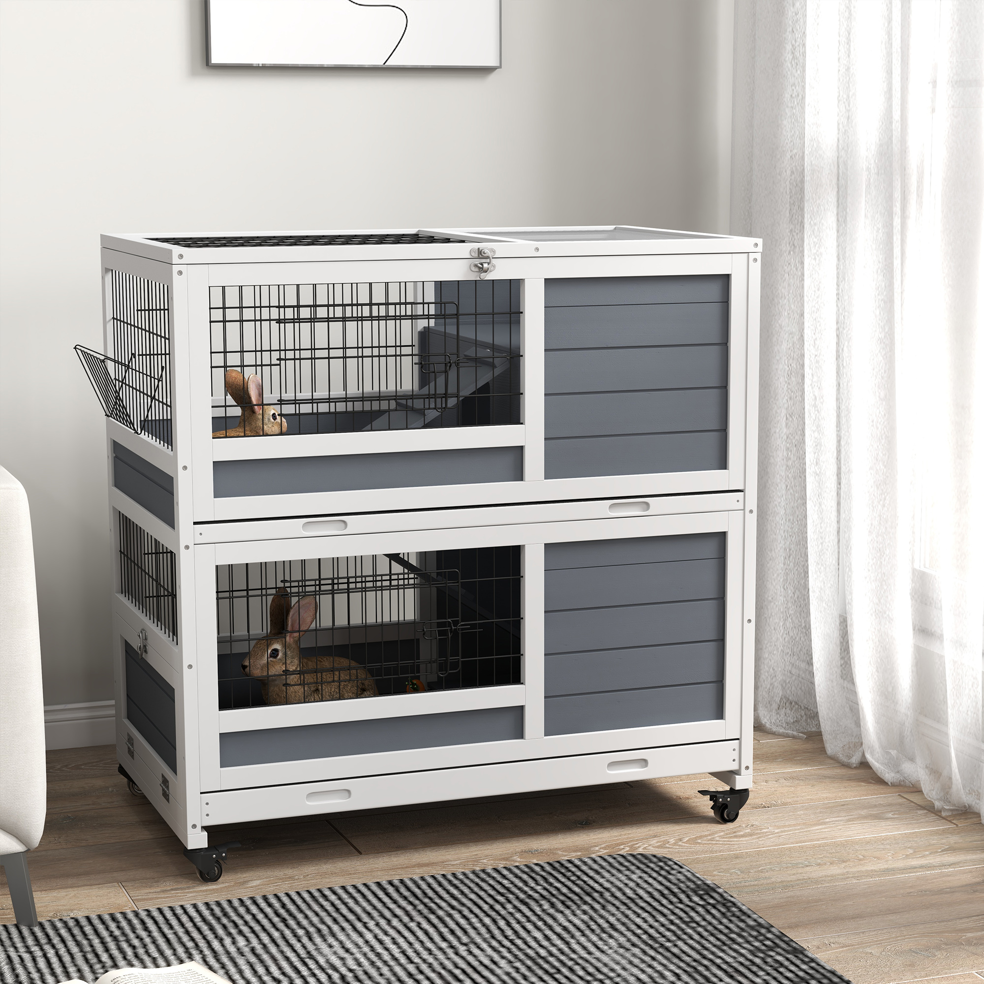 PawHut Indoor Wooden Rabbit Hutch on Wheels - 2-Tier with 2 Sliding Trays, Lockable Door, Feeder - 90L x 53W x 97H cm - Grey